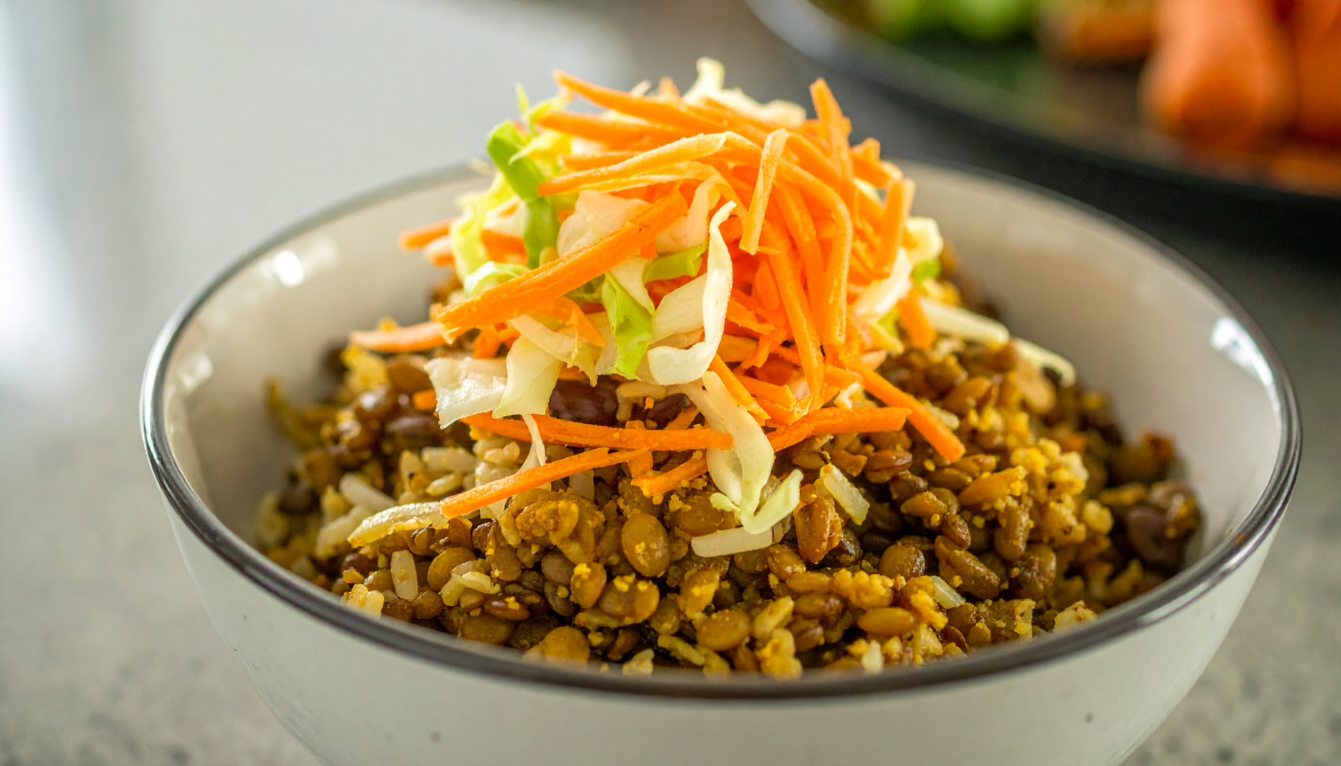 Warm Lentil Rice Bowl with Crunchy Slaw