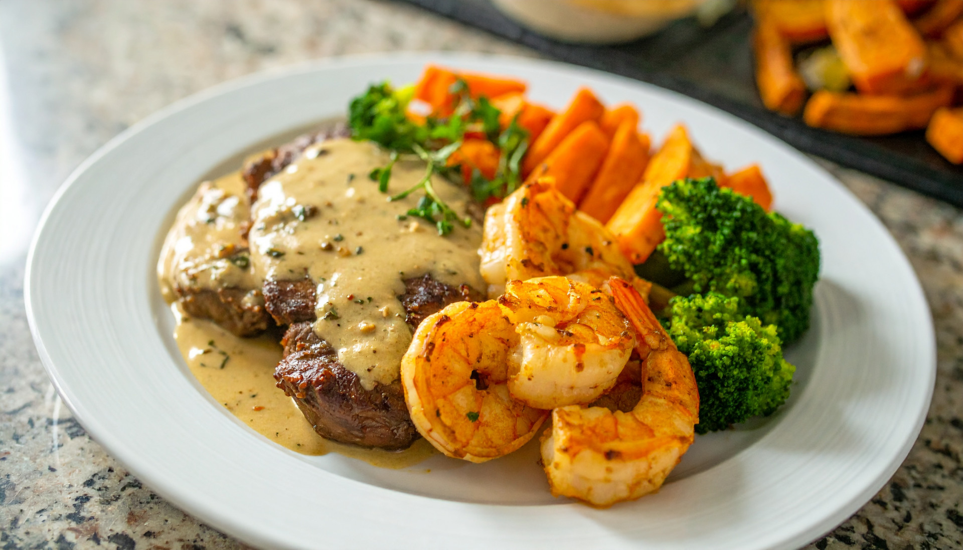 Garlic Butter Sirloin and Shrimp with Roasted Vegetables