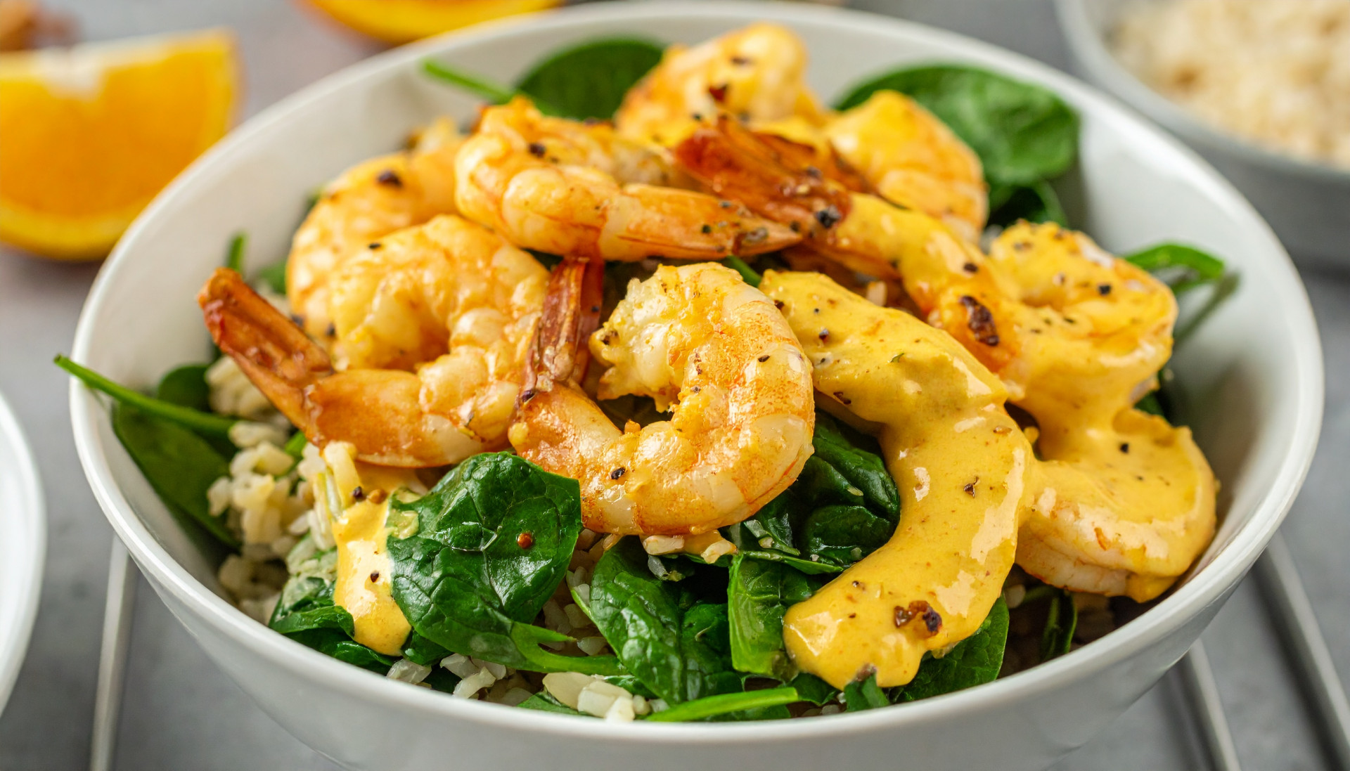 Garlic Shrimp Power Bowl with Brown Rice and Spinach