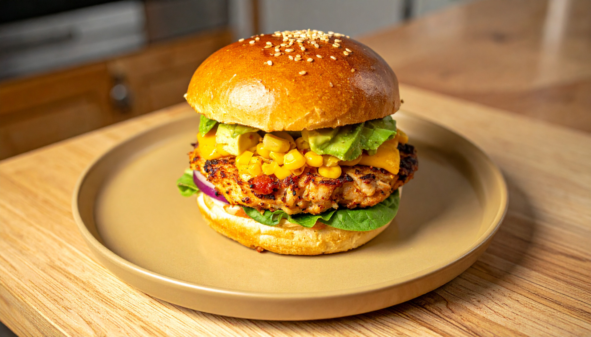 Smoky Chipotle Chicken Burgers with Pepper Jack, Corn & Avocado