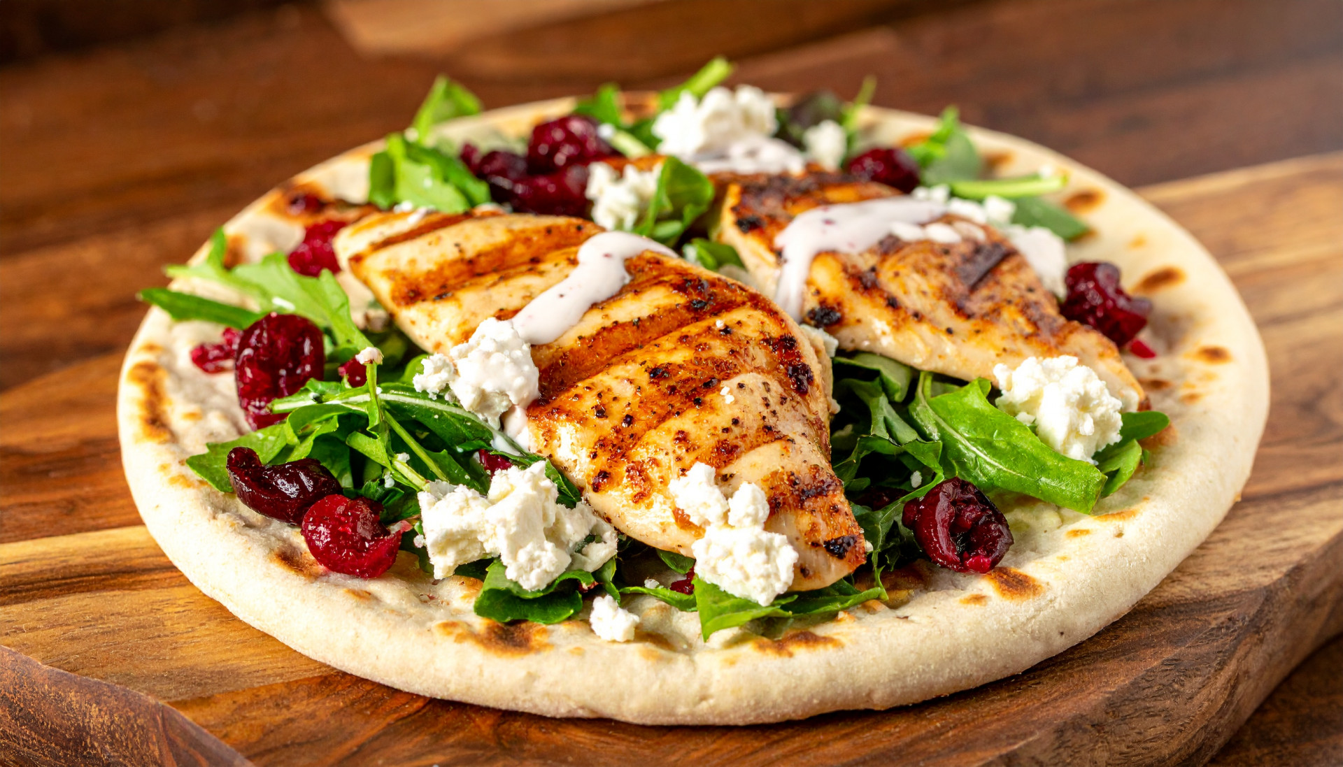 Grilled Chicken Flatbread with Feta, Greens & Cranberry Yogurt Drizzle