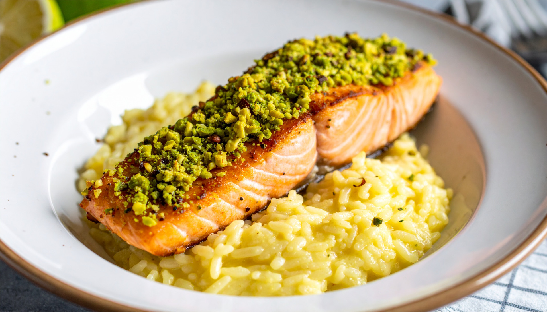 Creamy Lemon Orzo with Pistachio-Crusted Salmon