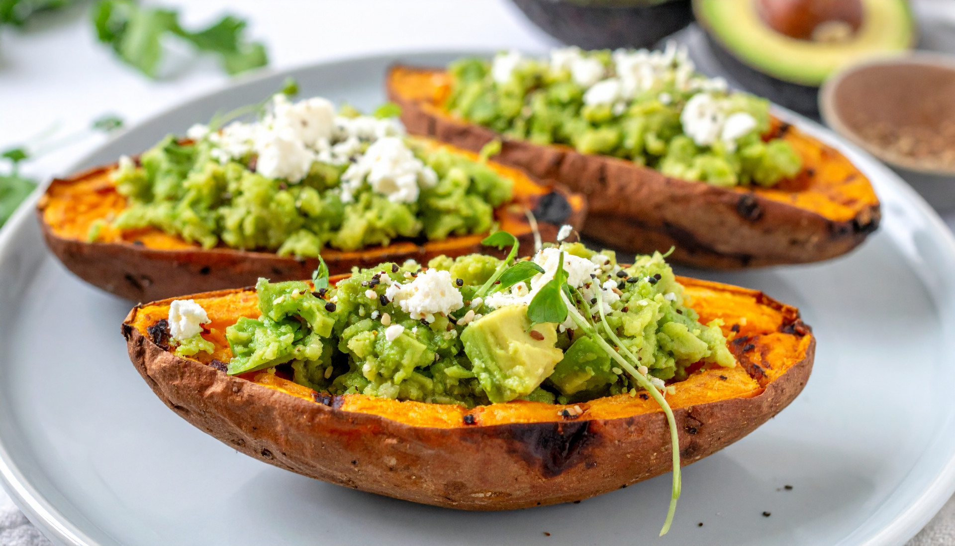 Keto Avocado & Feta Stuffed Sweet Potato Boats