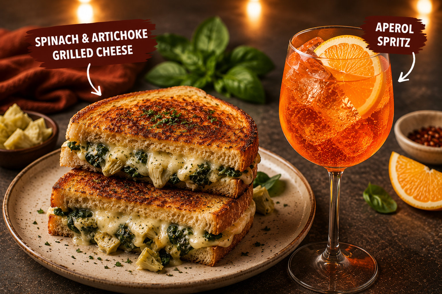 Spinach and Artichoke Grilled Cheese paired with an Aperol Spritz