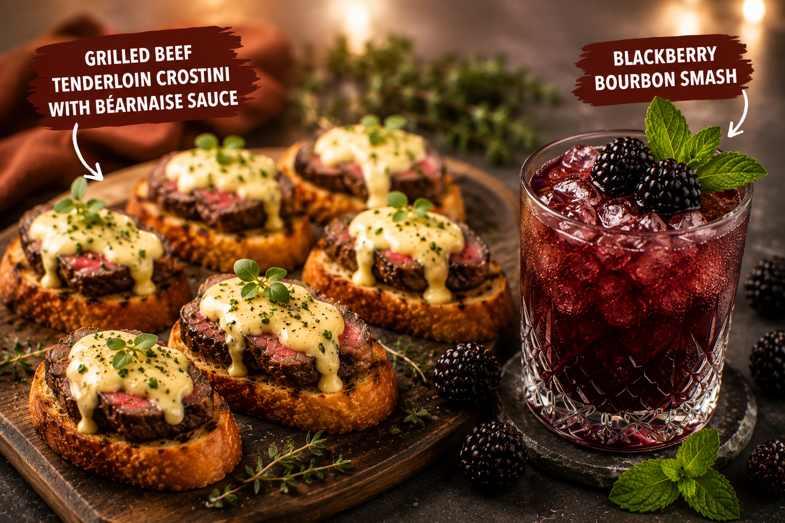 Grilled Beef Tenderloin Crostini with Béarnaise Sauce paired with a Blackberry Bourbon Smash