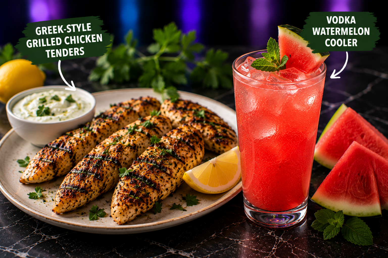 Greek-Style Grilled Chicken Tenders paired with a Vodka Watermelon Cooler