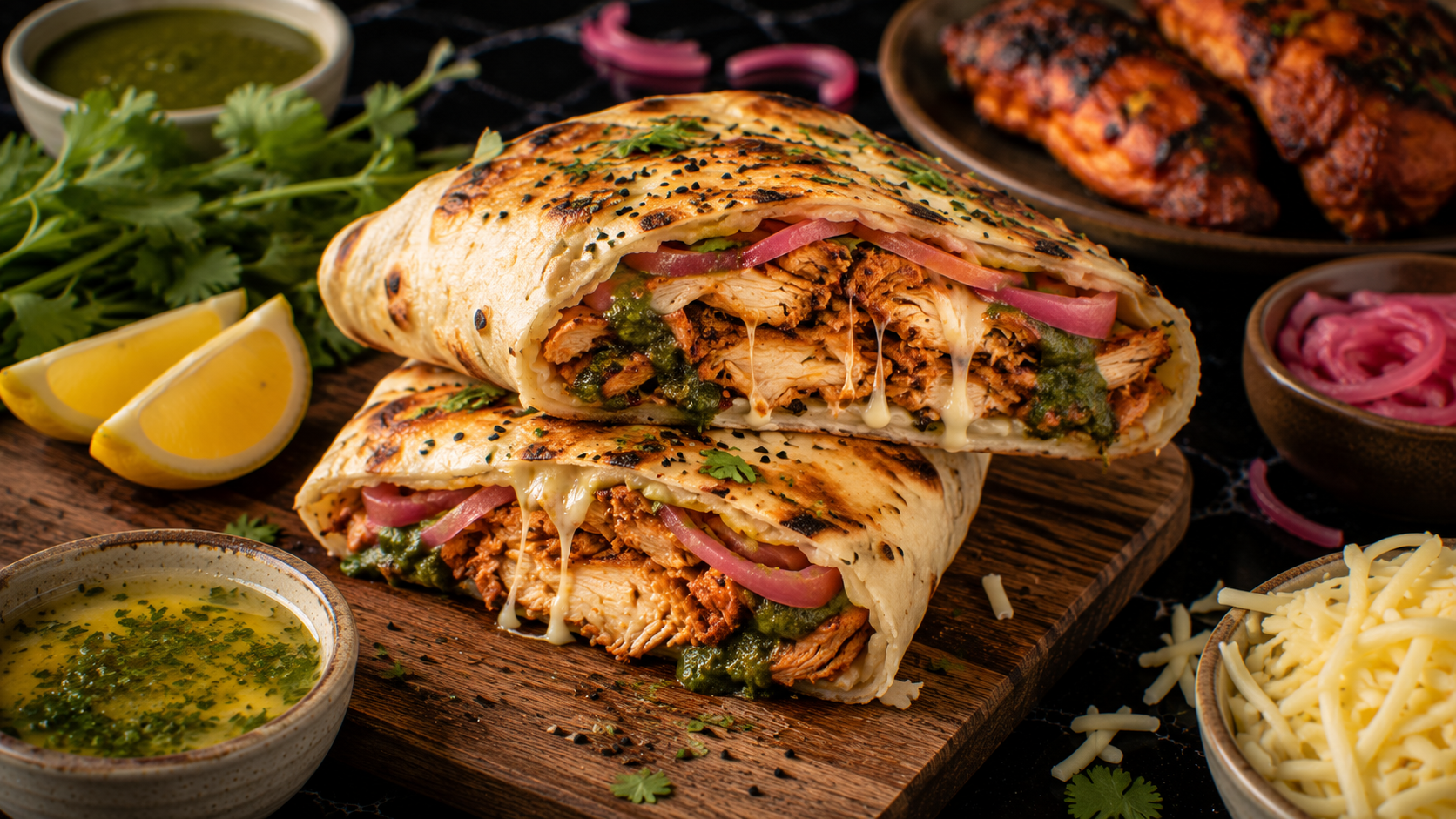 Indian Spiced Cheesy Garlic Naan Wraps
