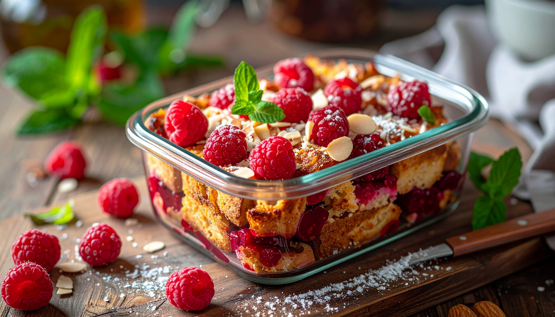 Raspberry Almond Protein French Toast Bake