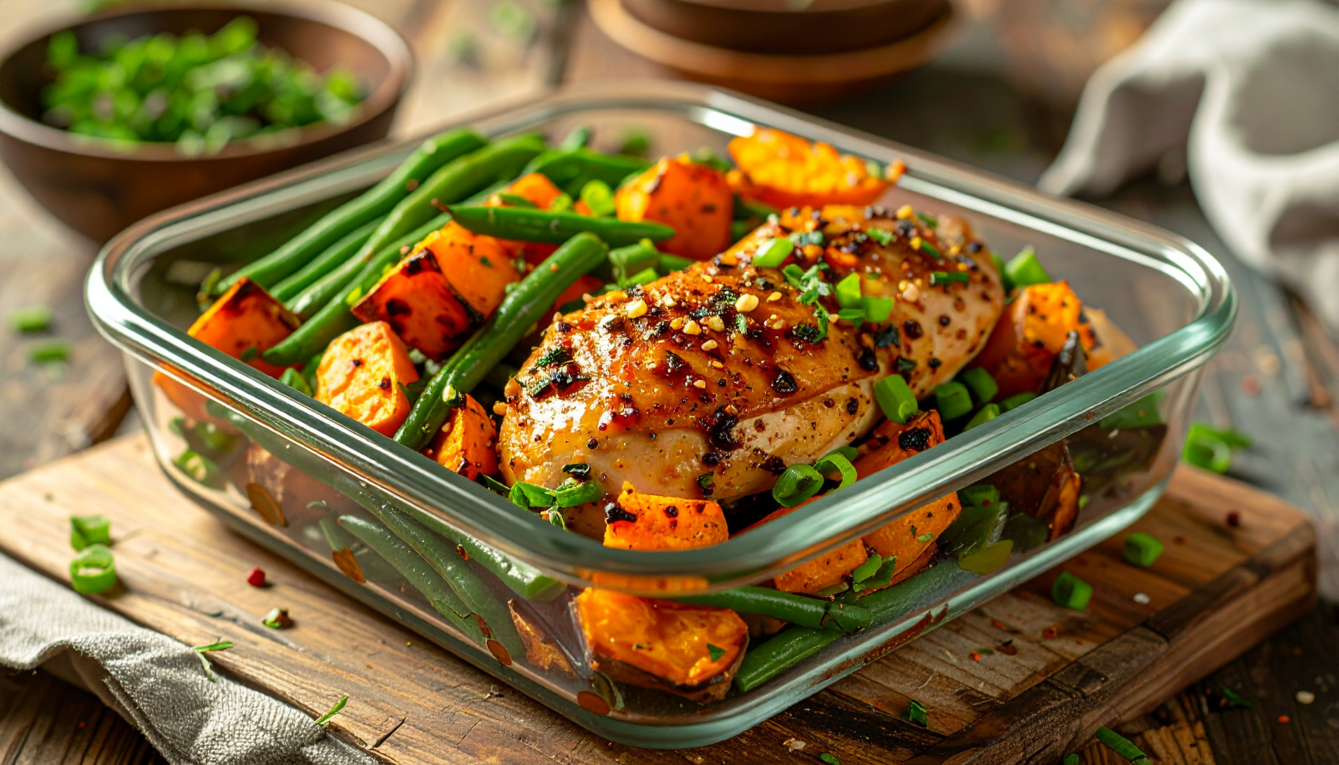 Honey Garlic Chicken with Roasted Sweet Potatoes & Green Beans