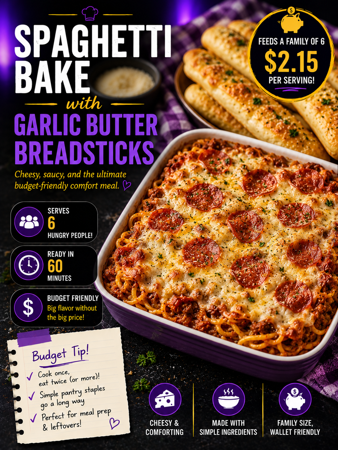 Spaghetti Bake with Garlic Butter Breadsticks