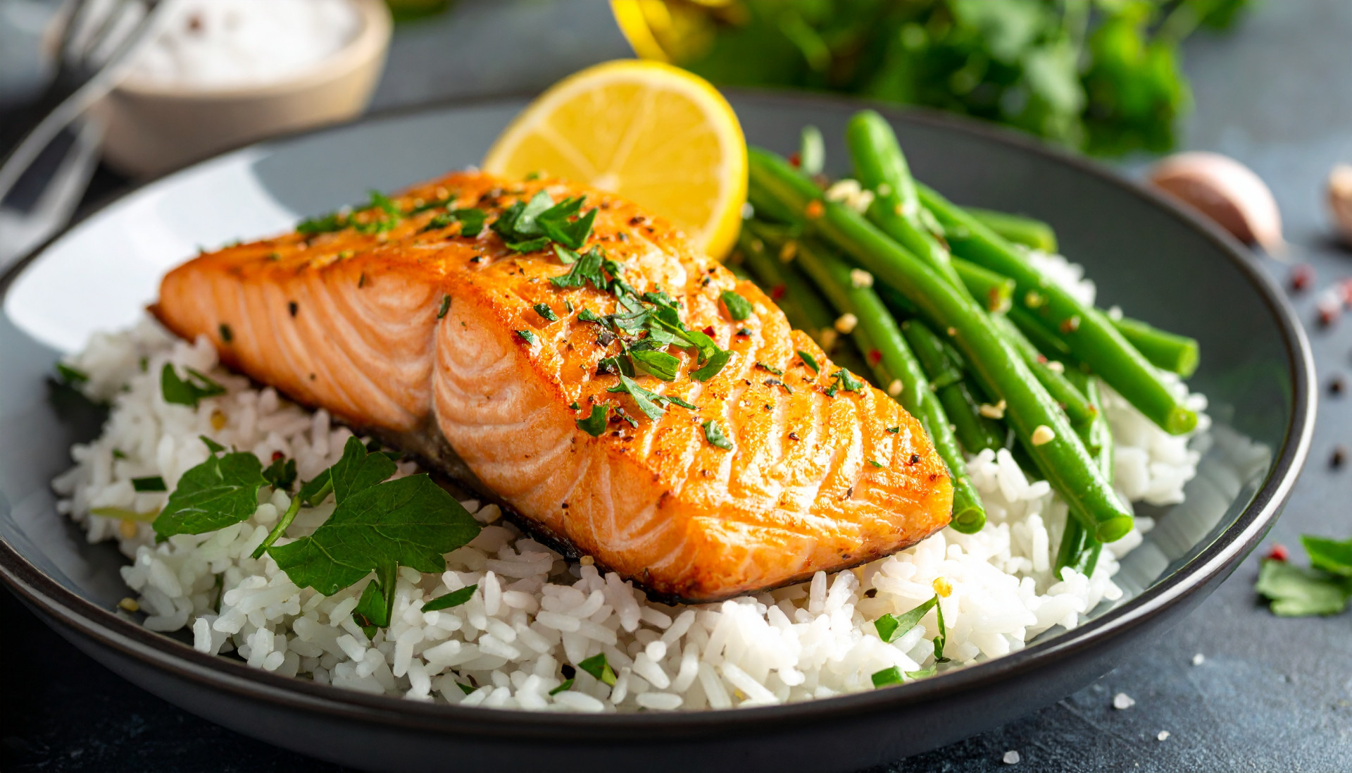 Lemon Herb Salmon with Garlic Green Beans & Rice
