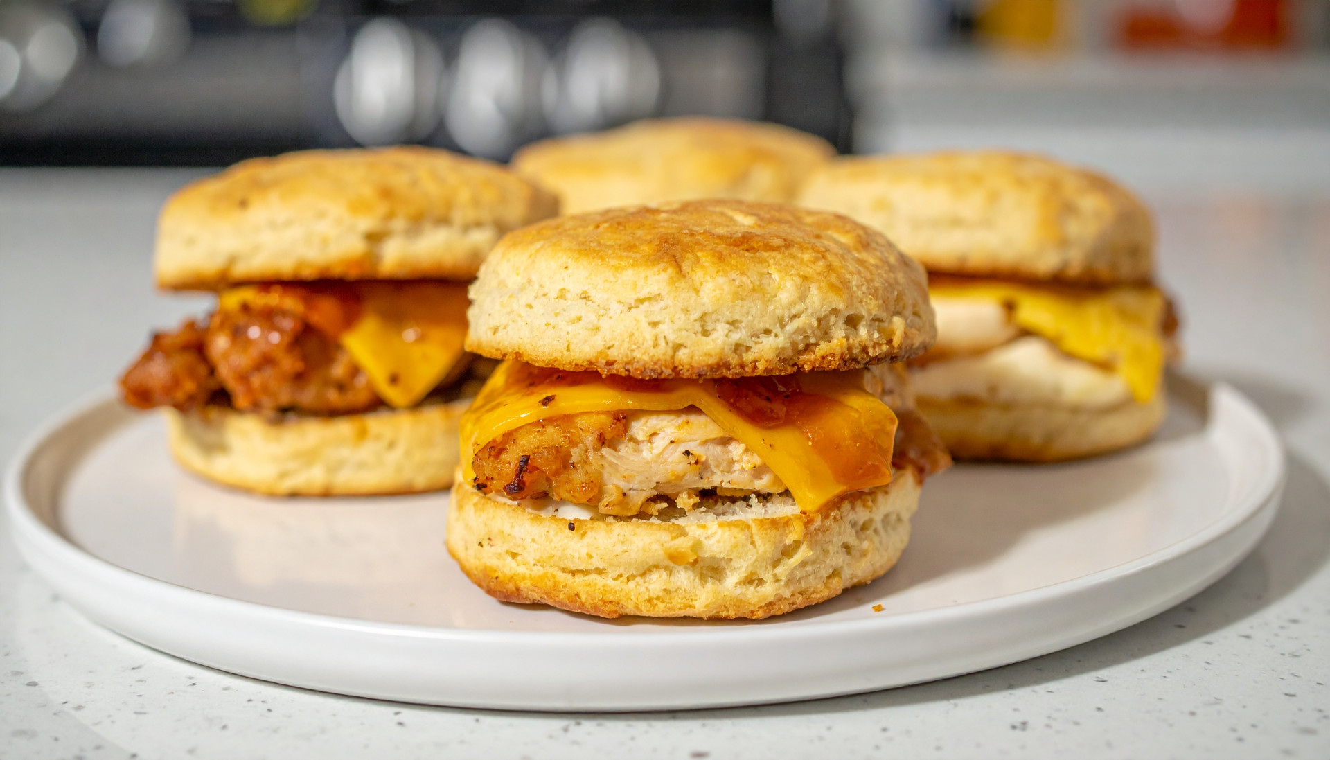 Hot Honey Chicken Biscuit Breakfast Sandwich