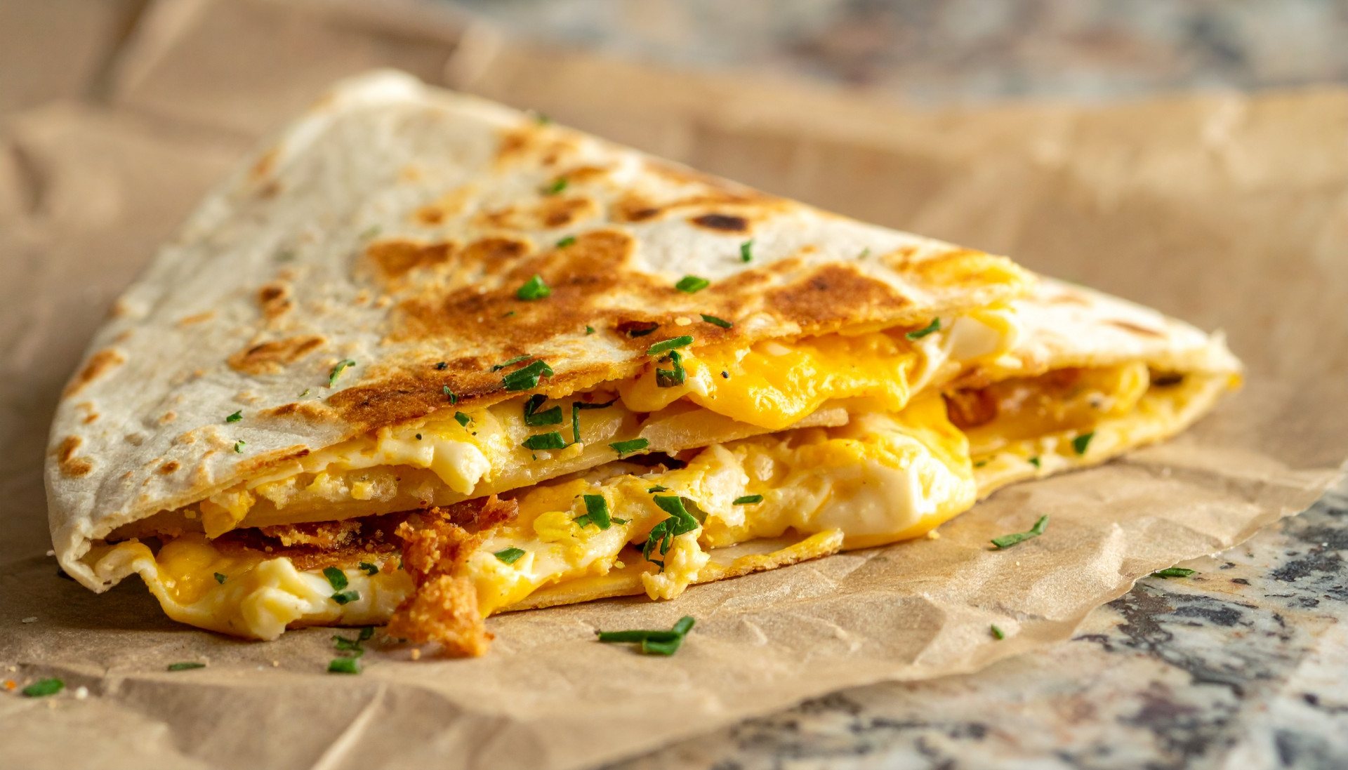 Cheesy Egg & Crispy Potato Breakfast Quesadilla