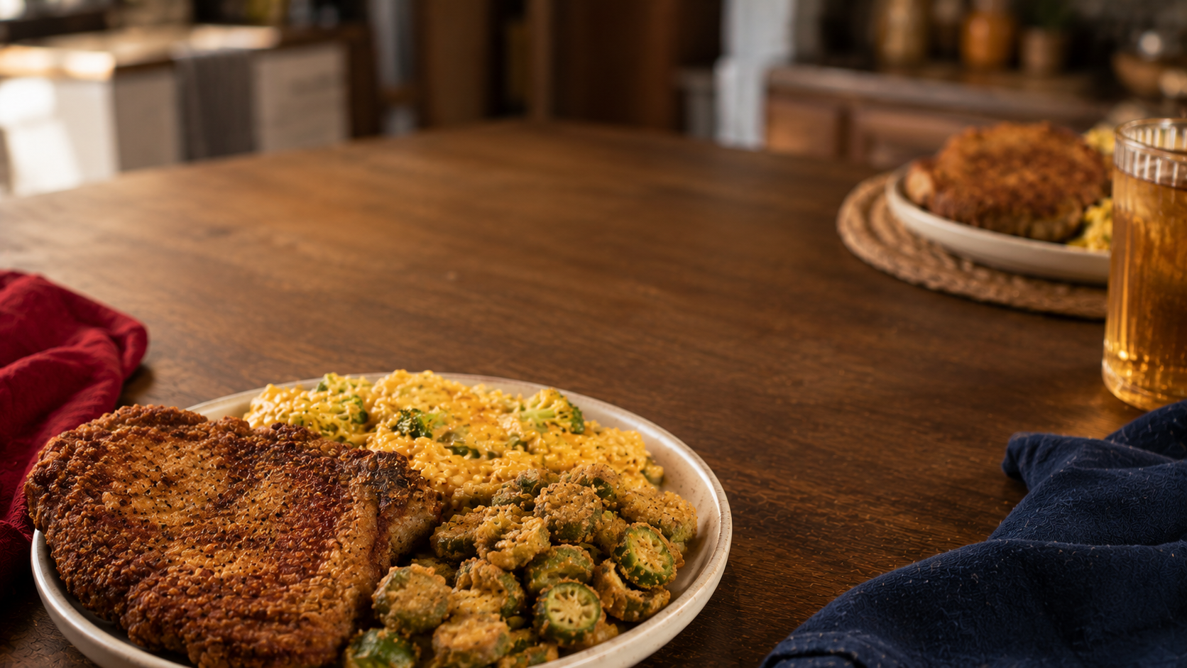 Fried Pork Chops with Fried Okra and Cheesy Broccoli Rice