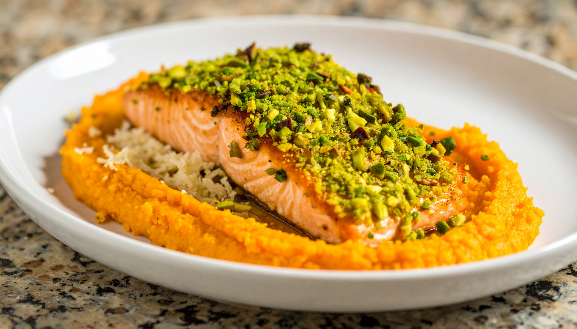 Pistachio-Crusted Salmon with Parmesan Sweet Potato Mash