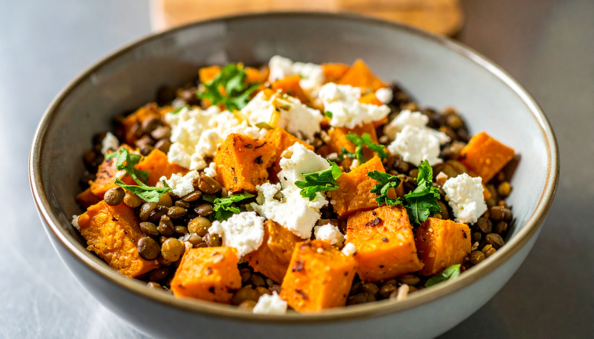 Roasted Sweet Potato, Lentil and Goat Cheese Bowl