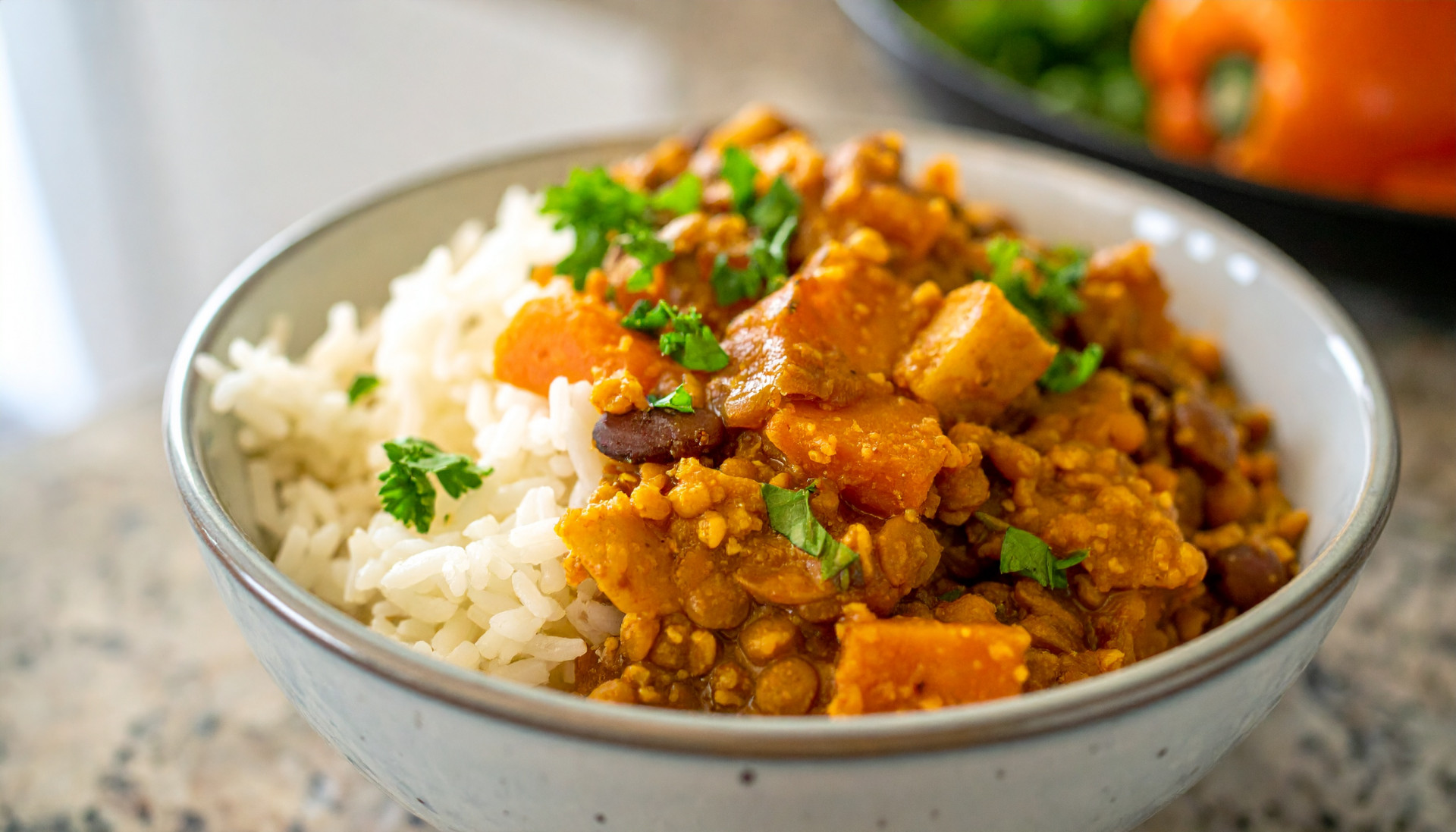 Leftover Lentil Stew Rice Bowl