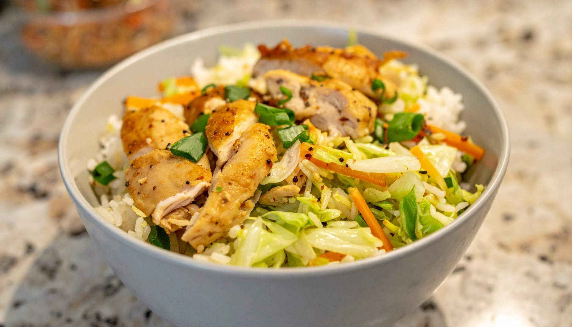 Leftover Chicken and Crunchy Cabbage Rice Bowl