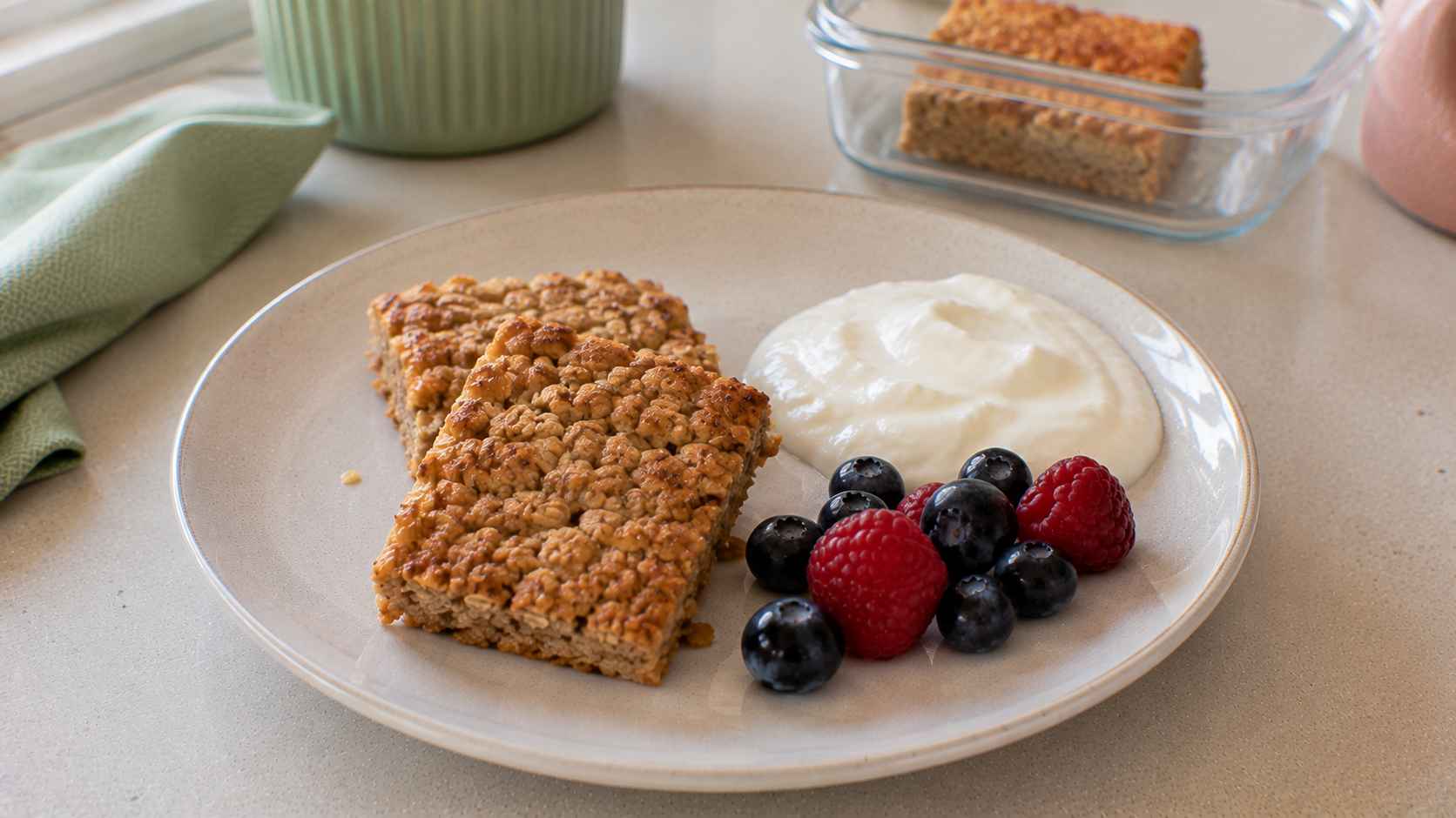 Banana Oat Breakfast Square Greek Yogurt and Berries