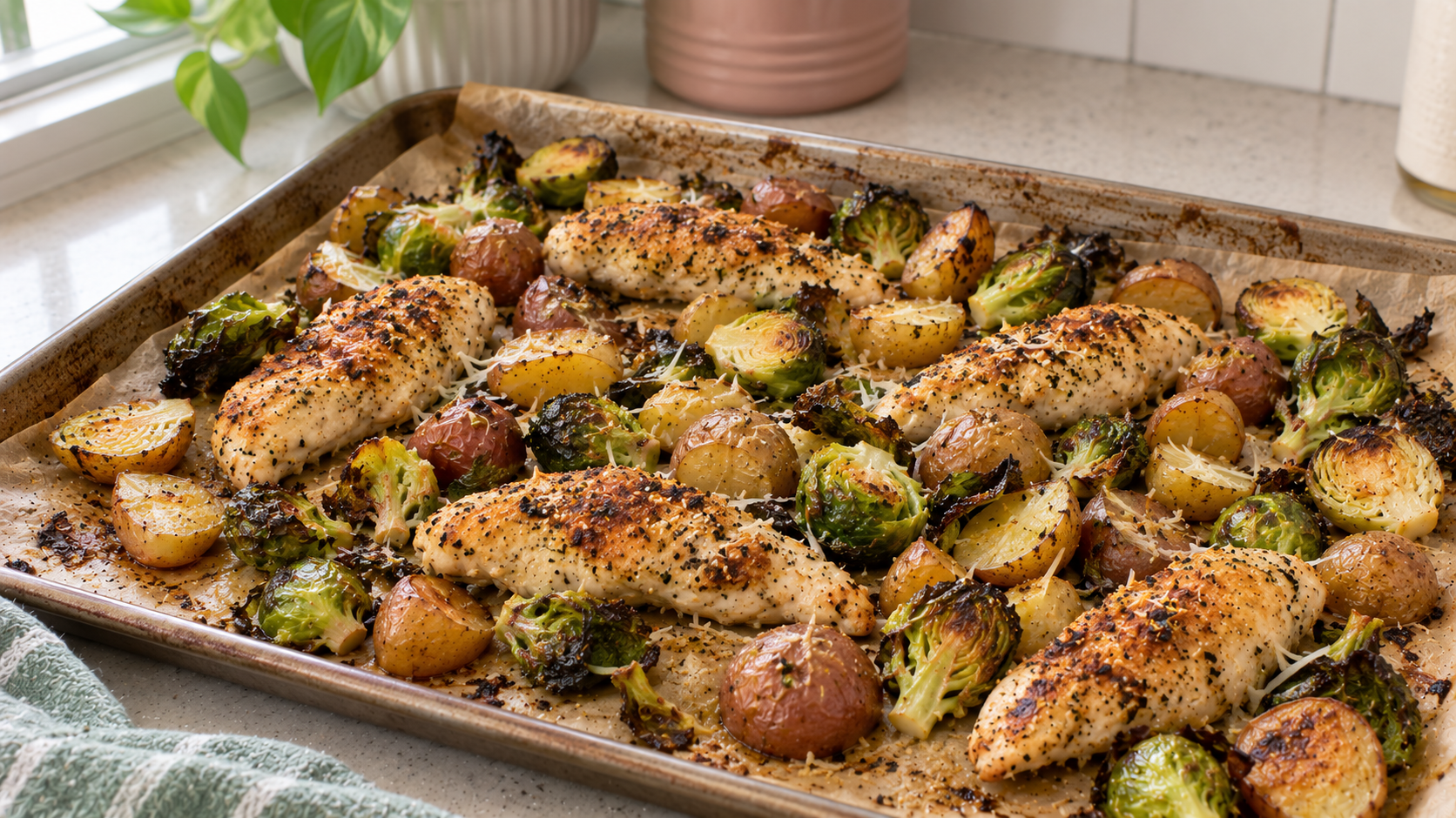 Everything Chicken Brussels Sprouts Parmesan Potatoes