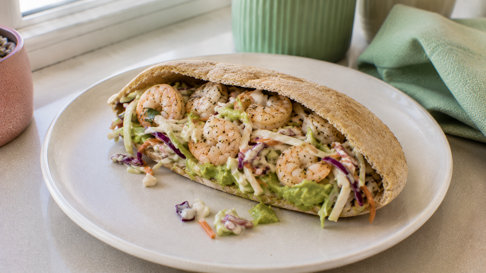 Garlic Lime Shrimp Avocado Pita