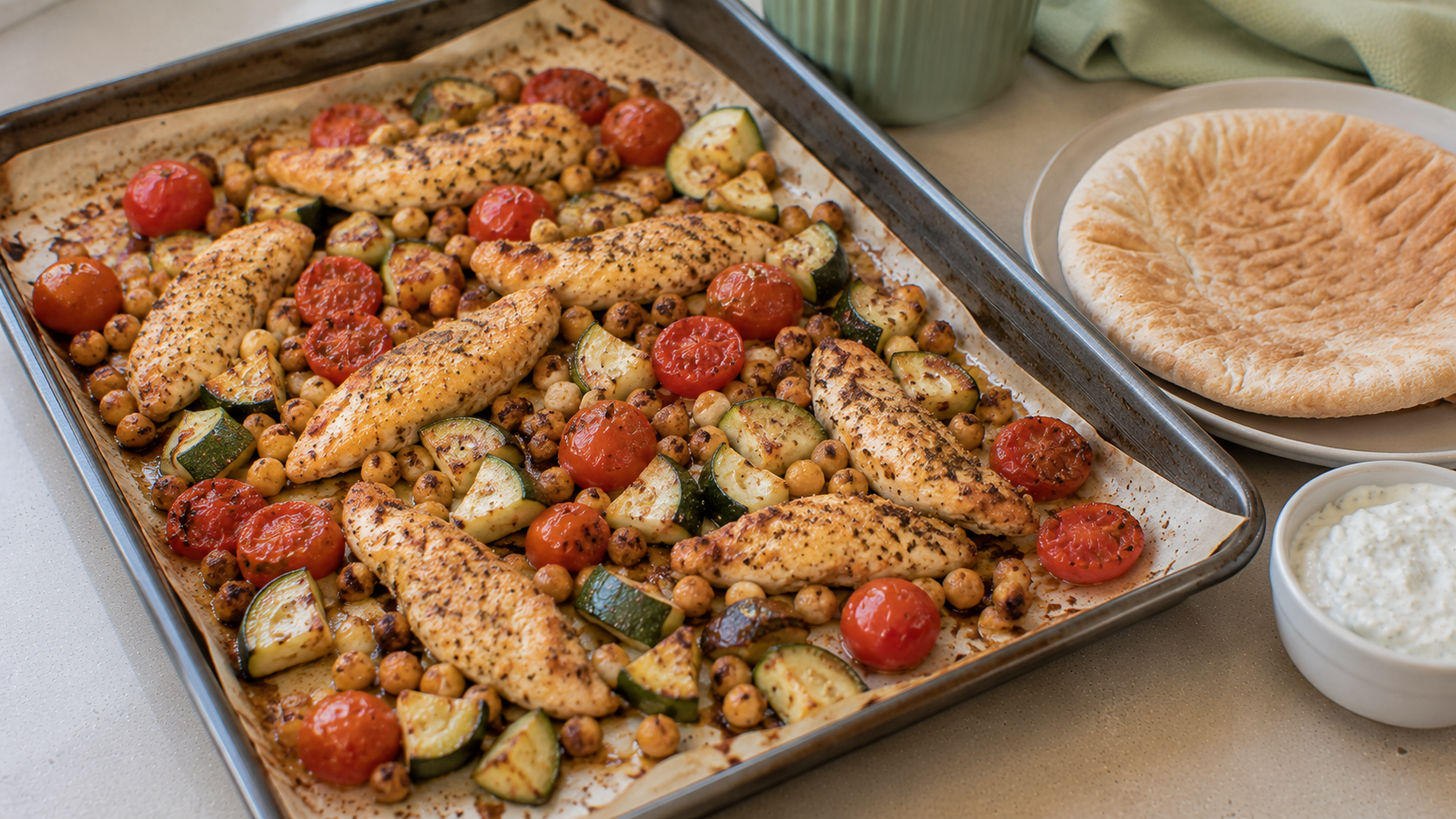 Mediterranean Chicken Chickpea Tomato Sheet Pan
