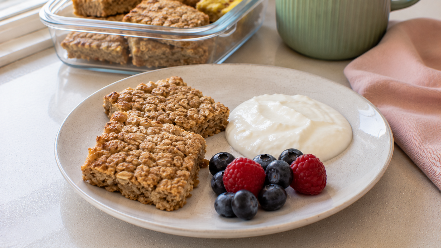 Sheet Pan Banana Oat Breakfast Squares with Greek Yogurt
