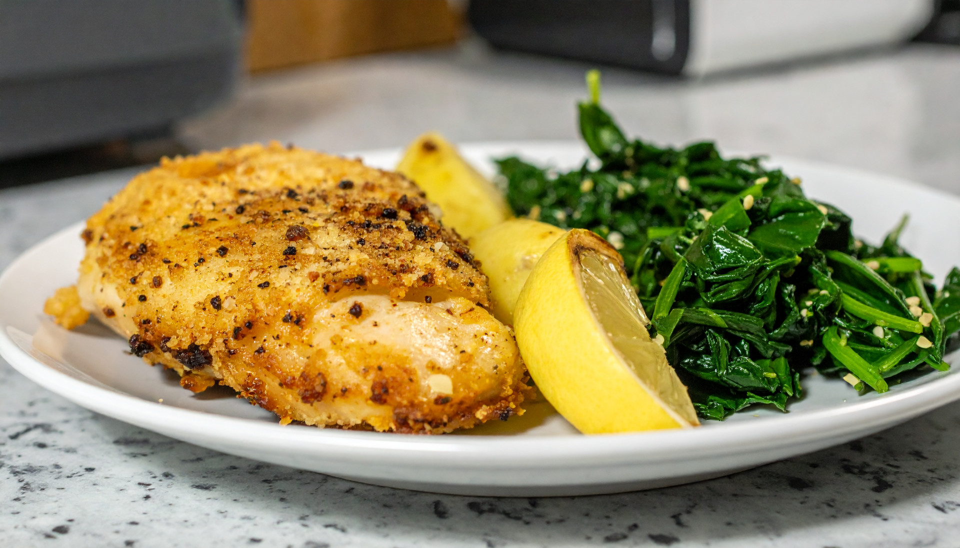 Crispy Parmesan Chicken with Garlic Potatoes & Lemony Greens