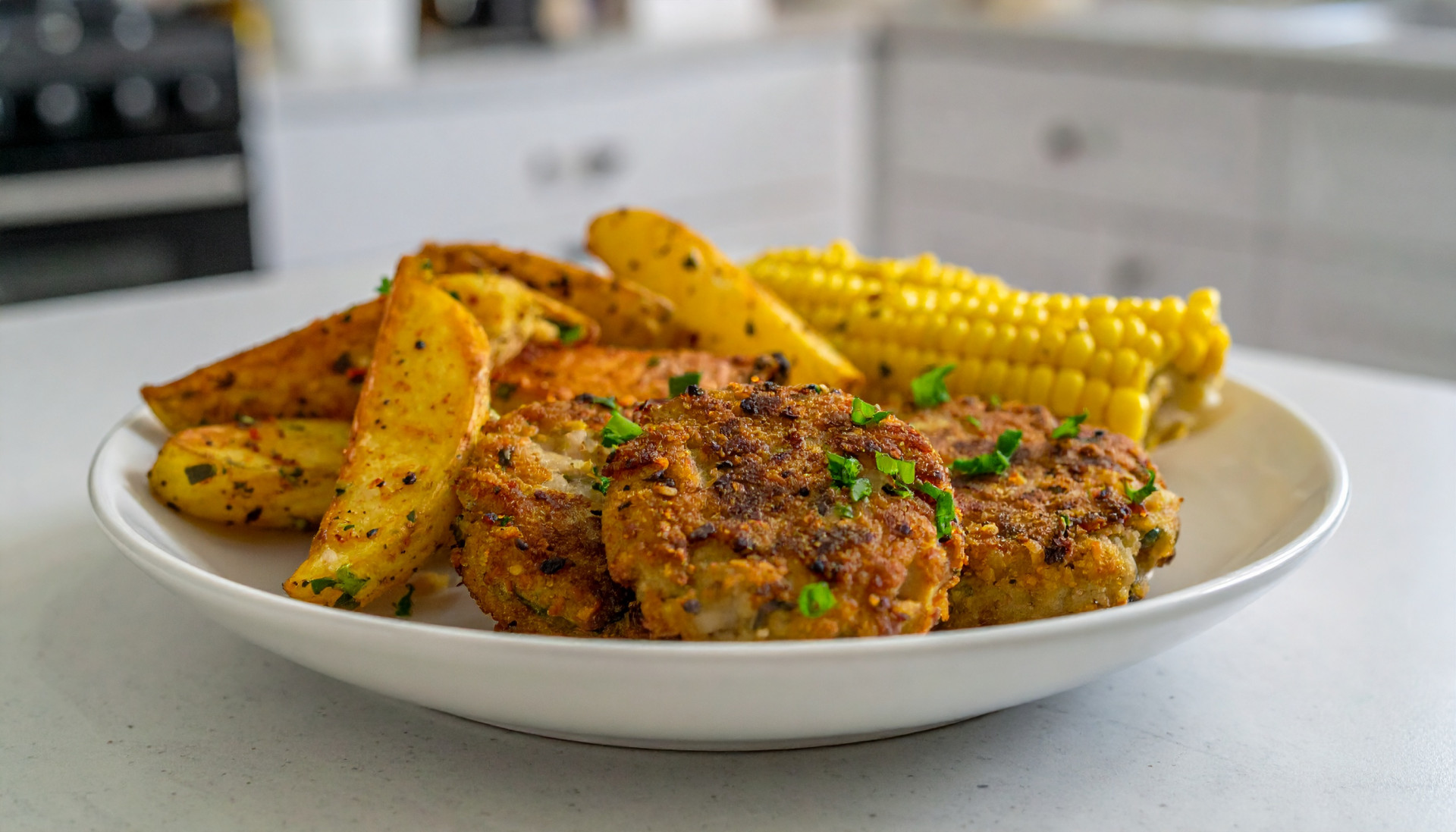 Crispy White Bean Patties with Garlic Potato Wedges & Corn