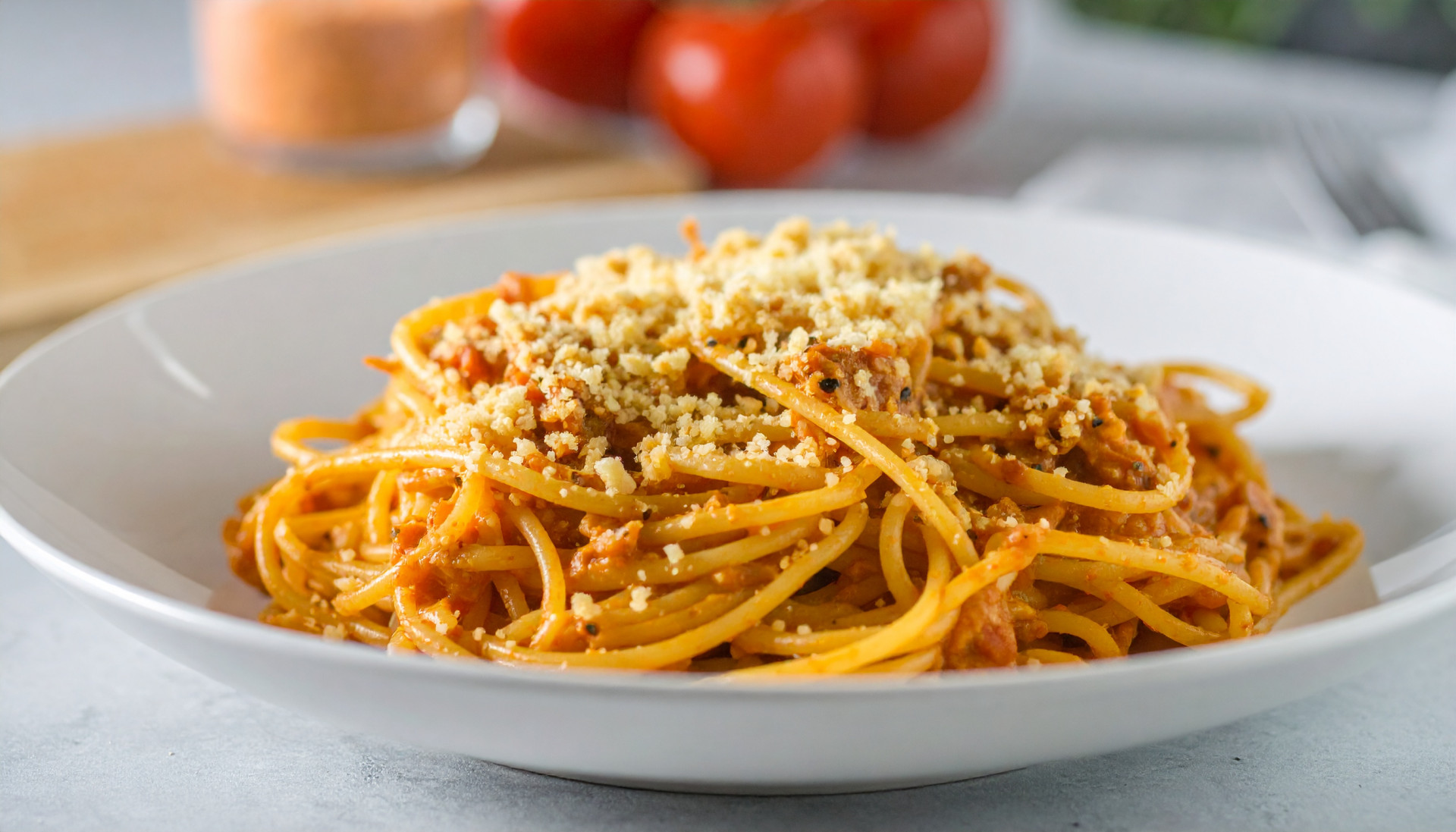 Creamy Tomato Lentil Pasta with Garlic Breadcrumbs