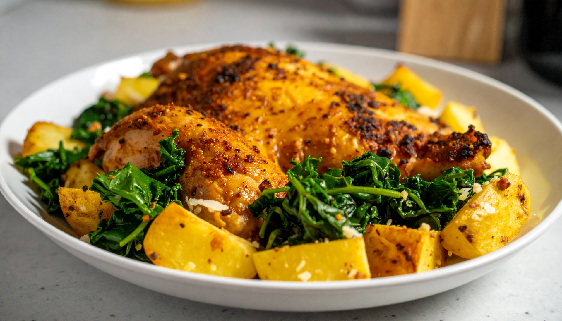 Crispy Hot-Honey Chicken with Parmesan Potatoes & Lemony Greens