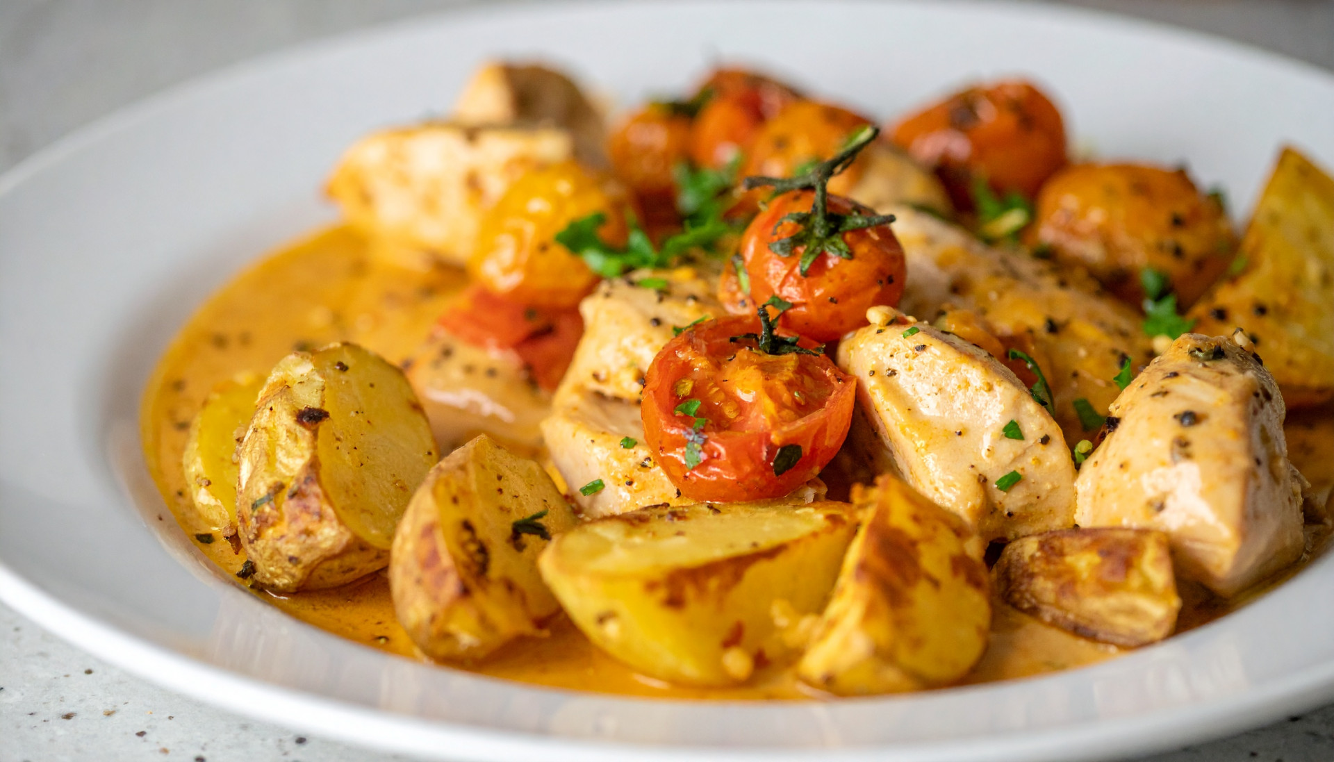 Creamy Tuscan Chicken with Burst Tomatoes & Crispy Potatoes