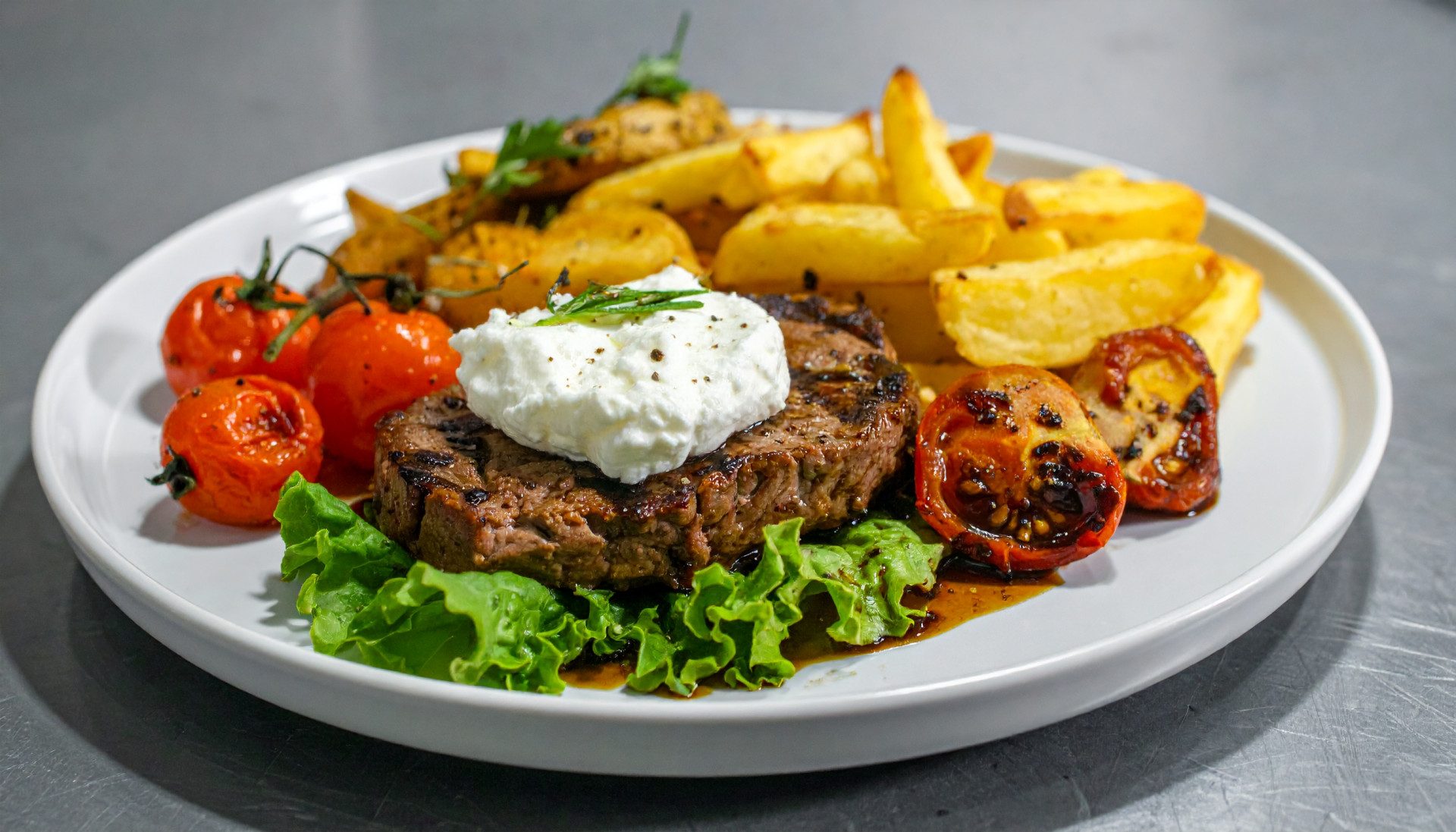 Balsamic Steak with Whipped Feta, Crispy Potatoes & Burst Tomatoes