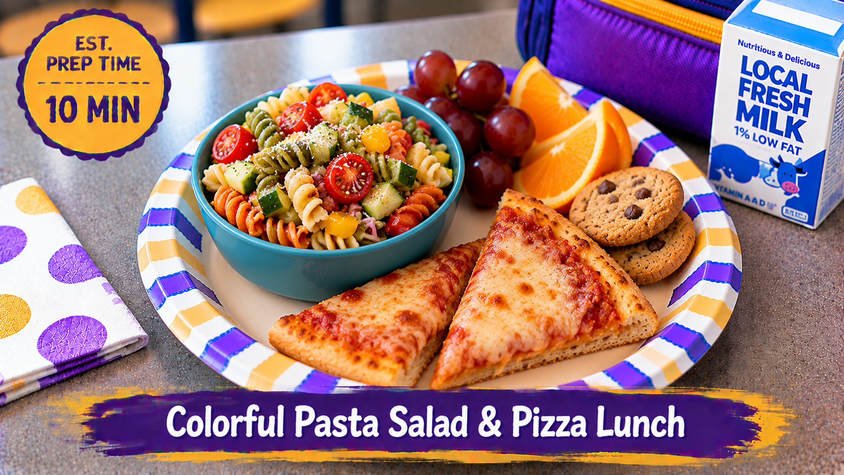 Colorful Pasta Salad and Pizza Lunch