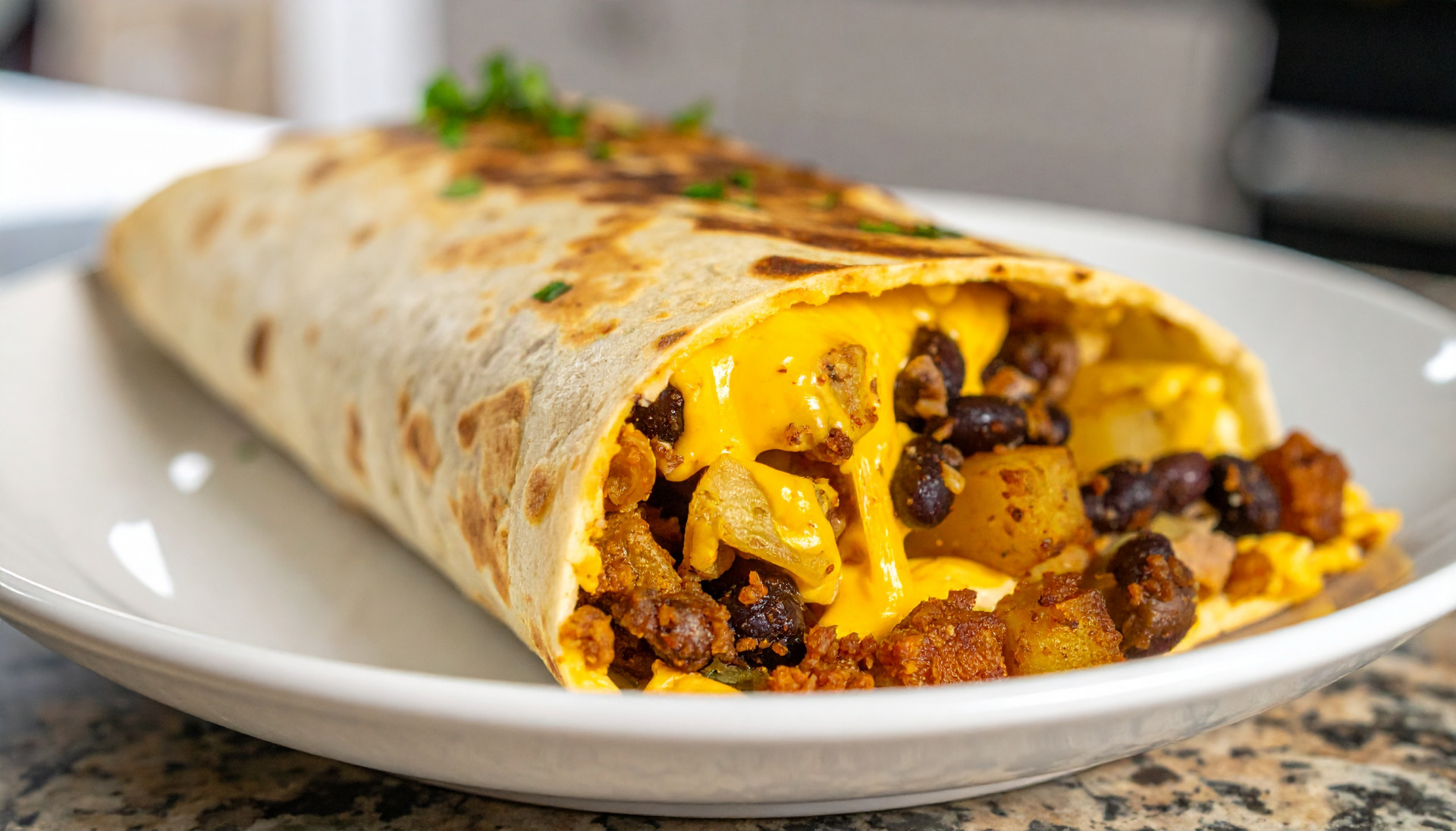 Cheesy Egg, Crispy Potato & Black Bean Breakfast Burritos