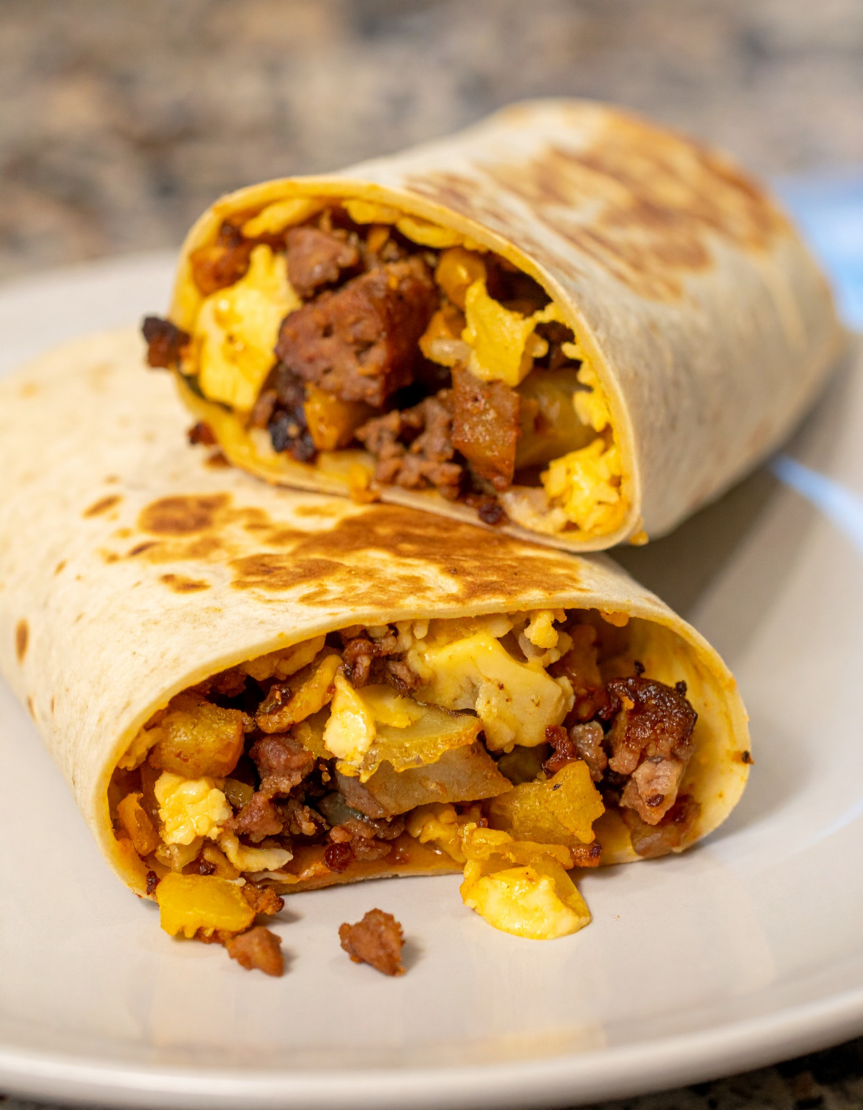 Cheesy Sausage, Egg & Crispy Potato Breakfast Burritos