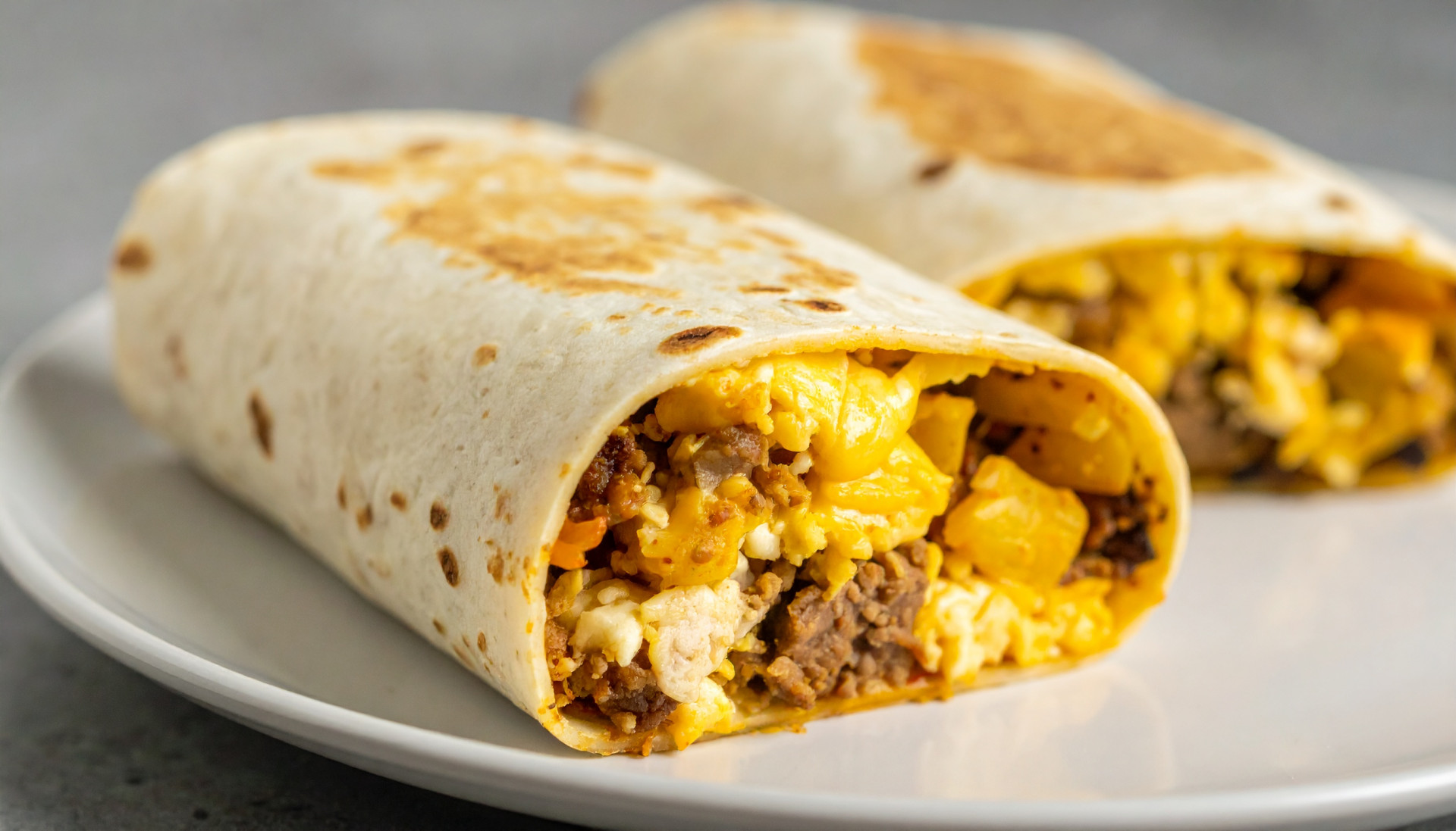 Cheesy Sausage, Egg & Crispy Potato Breakfast Burritos