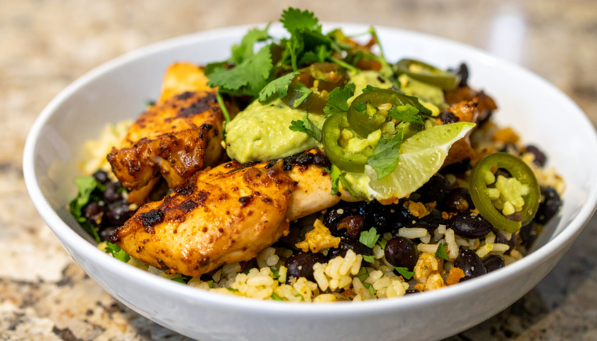 Charred Chili-Lime Chicken Burrito Bowls