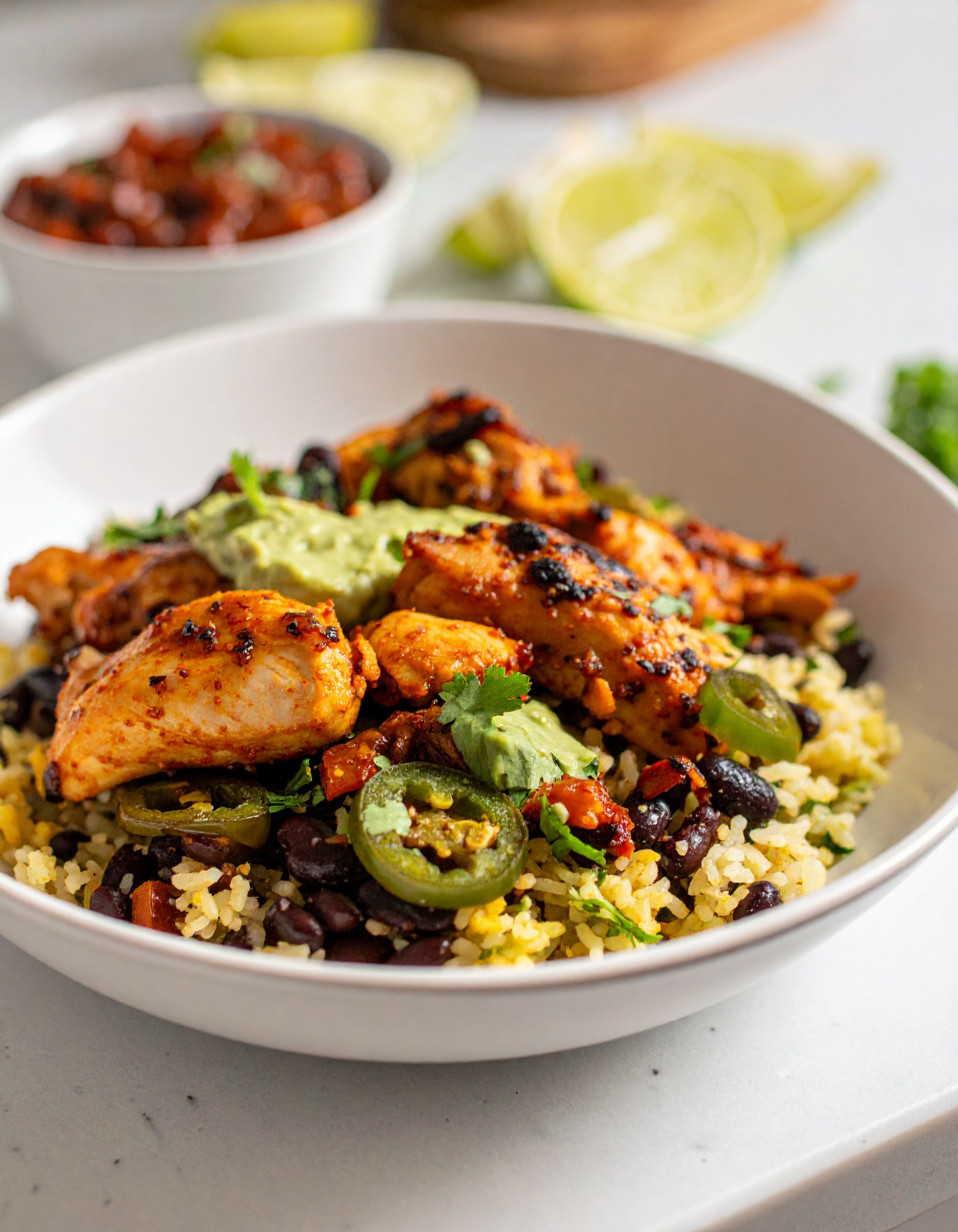 Charred Chili-Lime Chicken Burrito Bowls