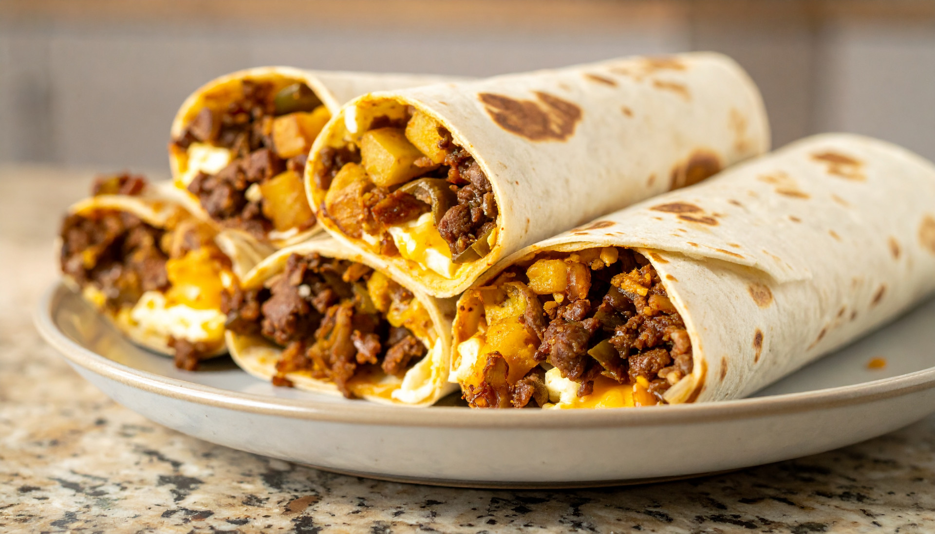 Loaded Cheesy Beef & Crispy Potato Breakfast Burritos