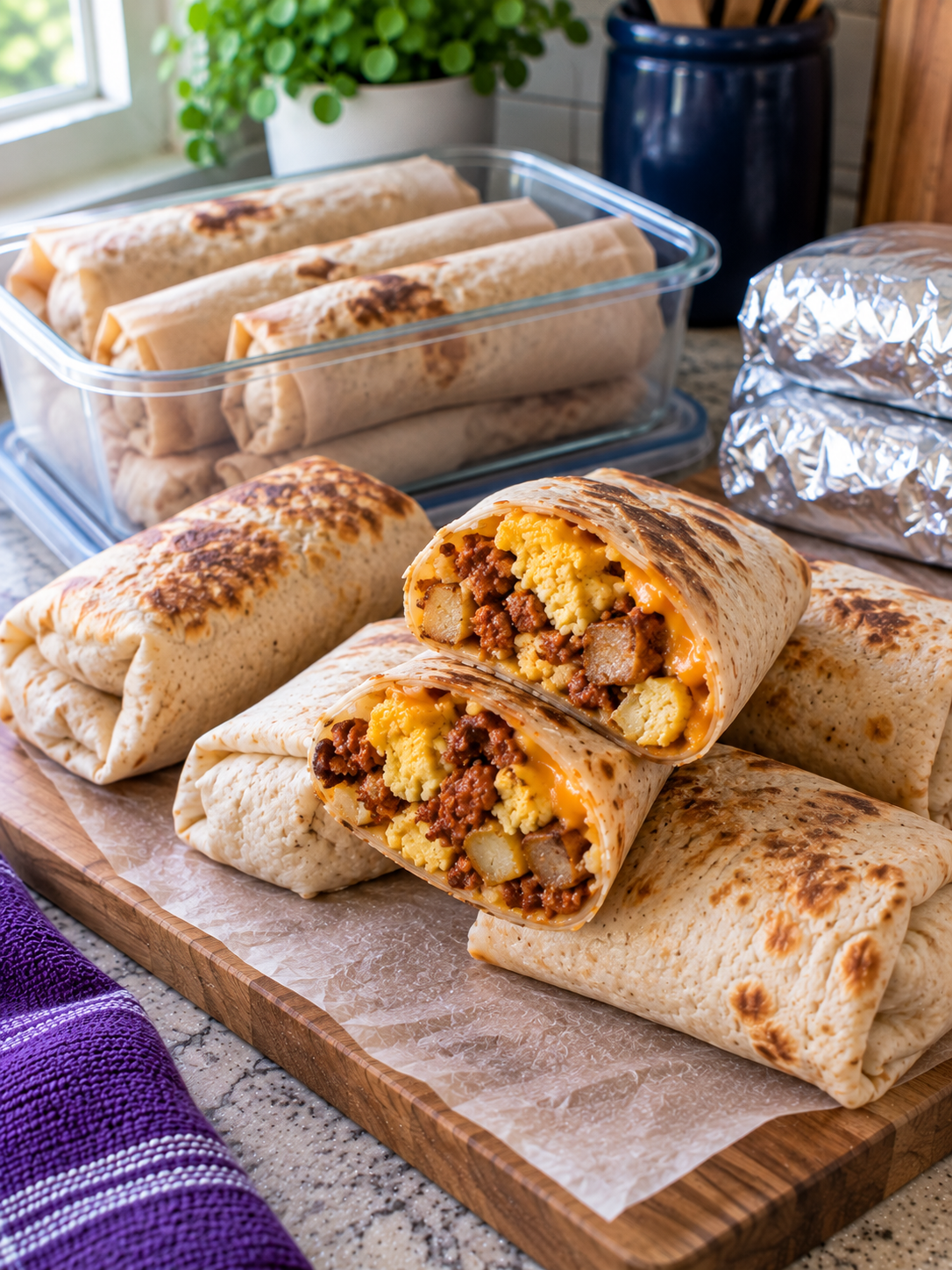 Chorizo breakfast burritos prepared for the freezer