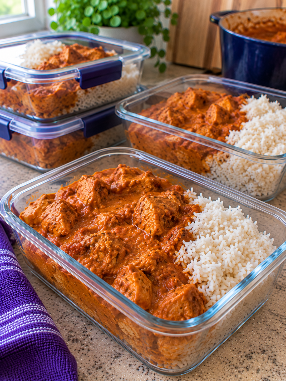 Chicken tikka masala with rice prepared for postpartum meal prep