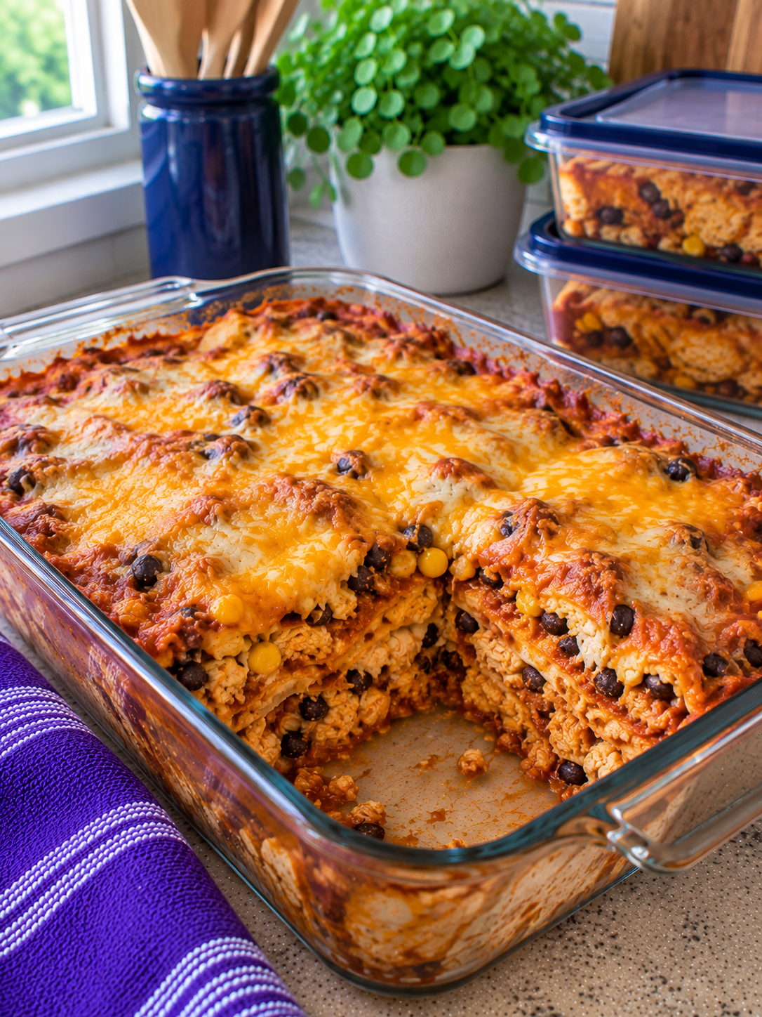 Chicken enchilada casserole prepared for postpartum meal prep