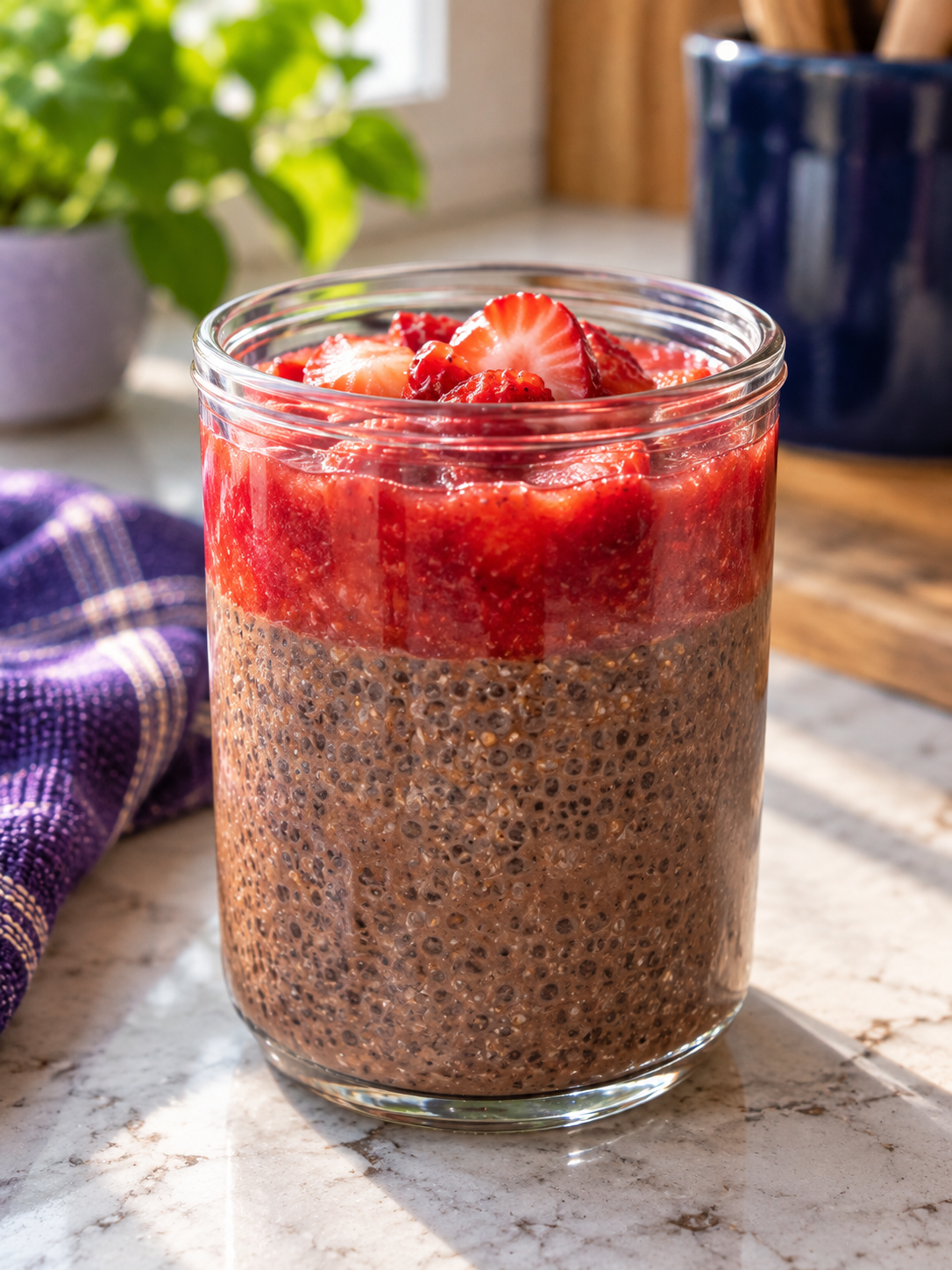 Chocolate Chia Seed Pudding with Strawberry Gelatin