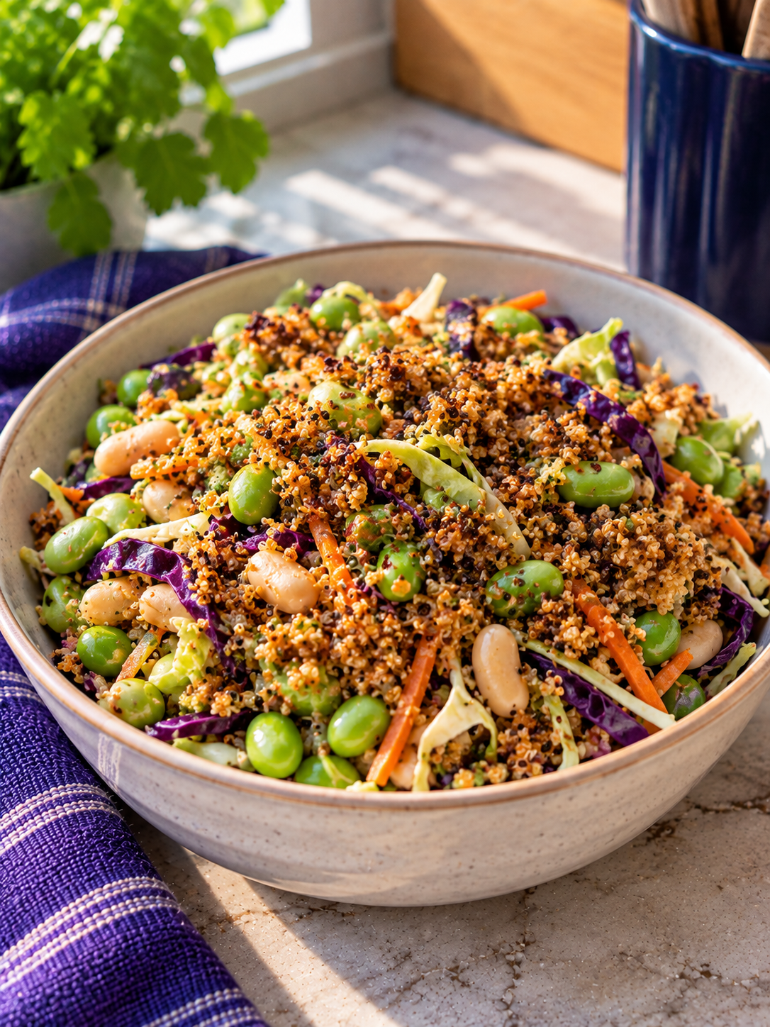 Crispy Quinoa Edamame Cabbage Salad