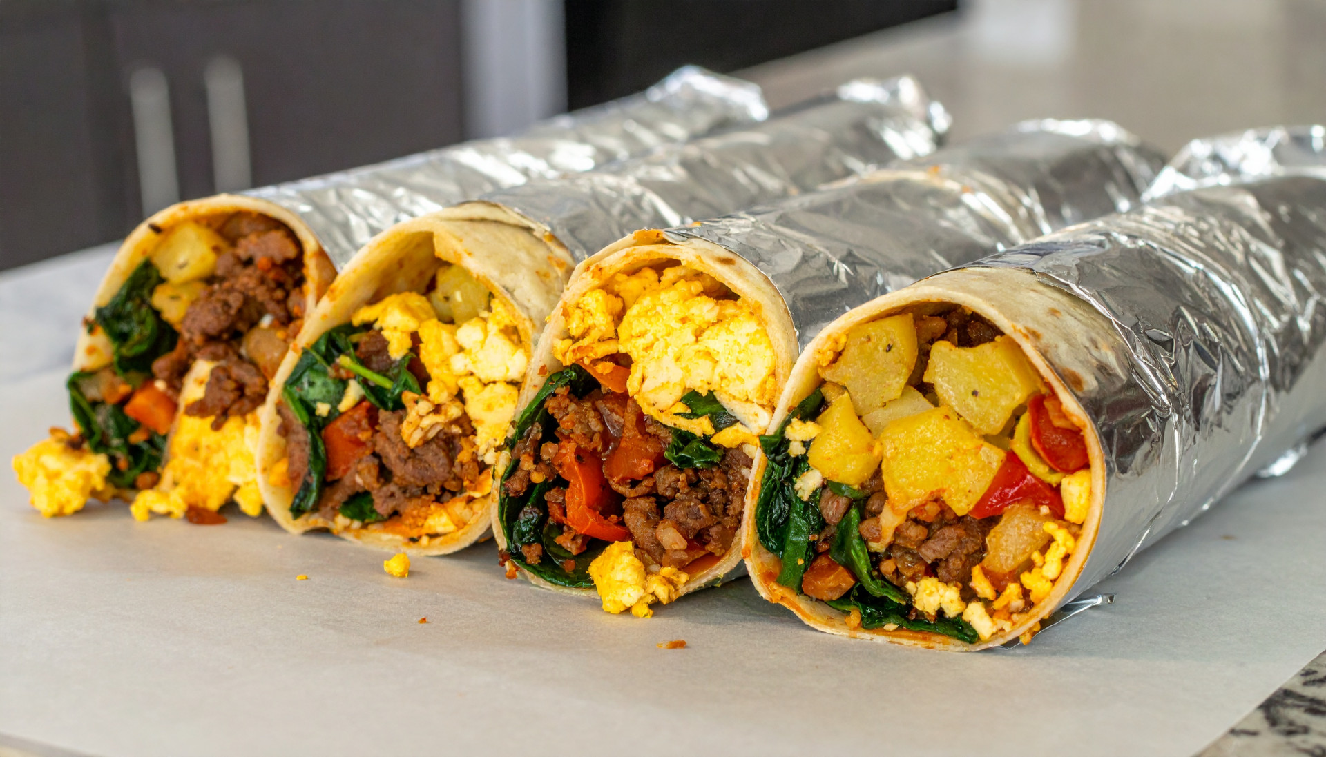 Beef, Egg & Veggie Breakfast Burritos