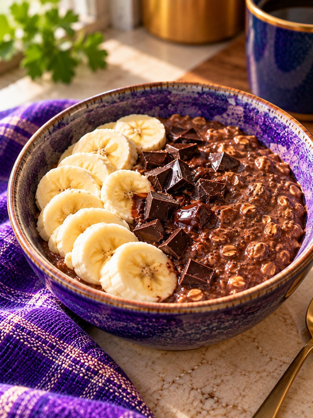 Cacao Oatmeal with Chia, Dark Chocolate and Banana