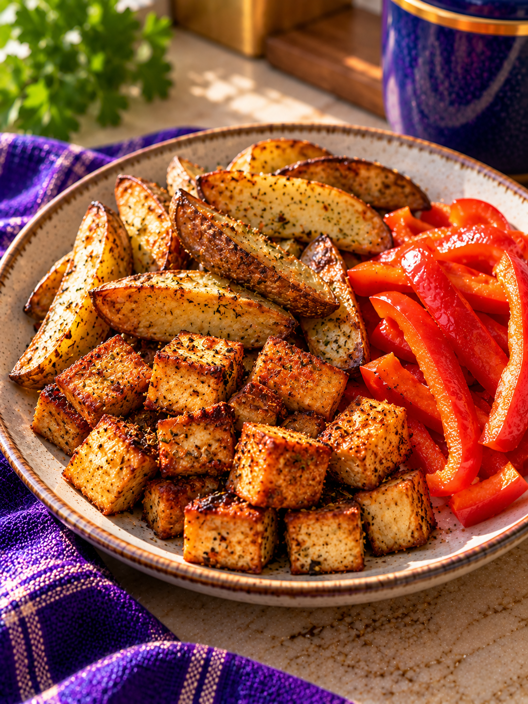 Crispy Tofu with Potato Wedges and Red Bell Pepper