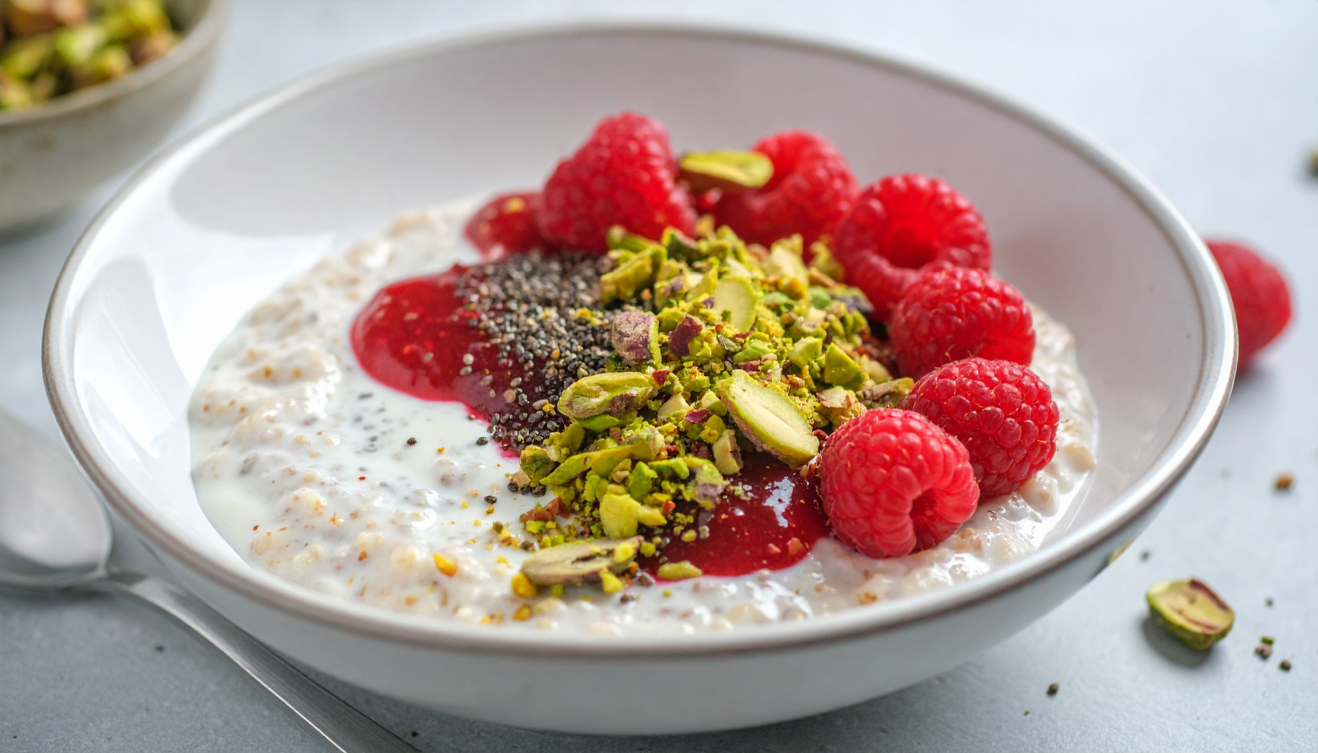 Vanilla Chia Overnight Oats with Raspberry Compote & Pistachio Crunch