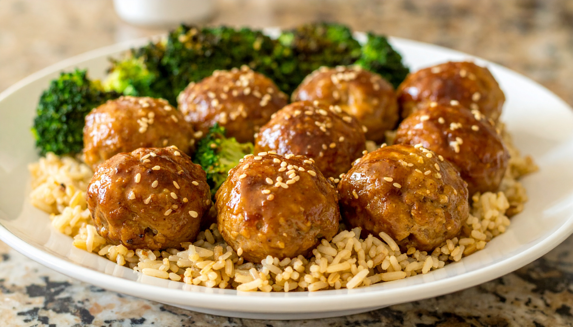 Sticky Sesame Turkey Meatballs with Ginger-Sesame Broccoli & Brown Rice